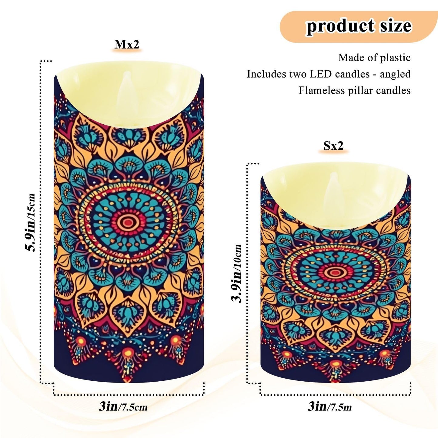 Gravopti Mandala Pattern 2 Pack Flameless LED Pillar Candles with Remote & Timer, Battery Operated, Flickering Wax Candle for Wedding, Romantic Home & Party Decor