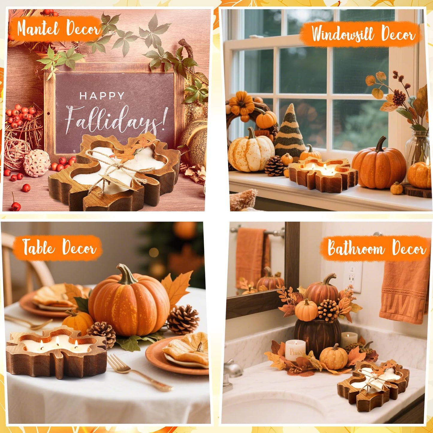 MTLEE 2 Pack Fall Wood Dough Bowl Candle, 8" Rustic Wooden Scented Candles, Farmhouse Autumn Decor for Thanksgiving Table, Home, Cozy Fall Gifts for Friend, Family(Wreath Scent,Maple Leaf)