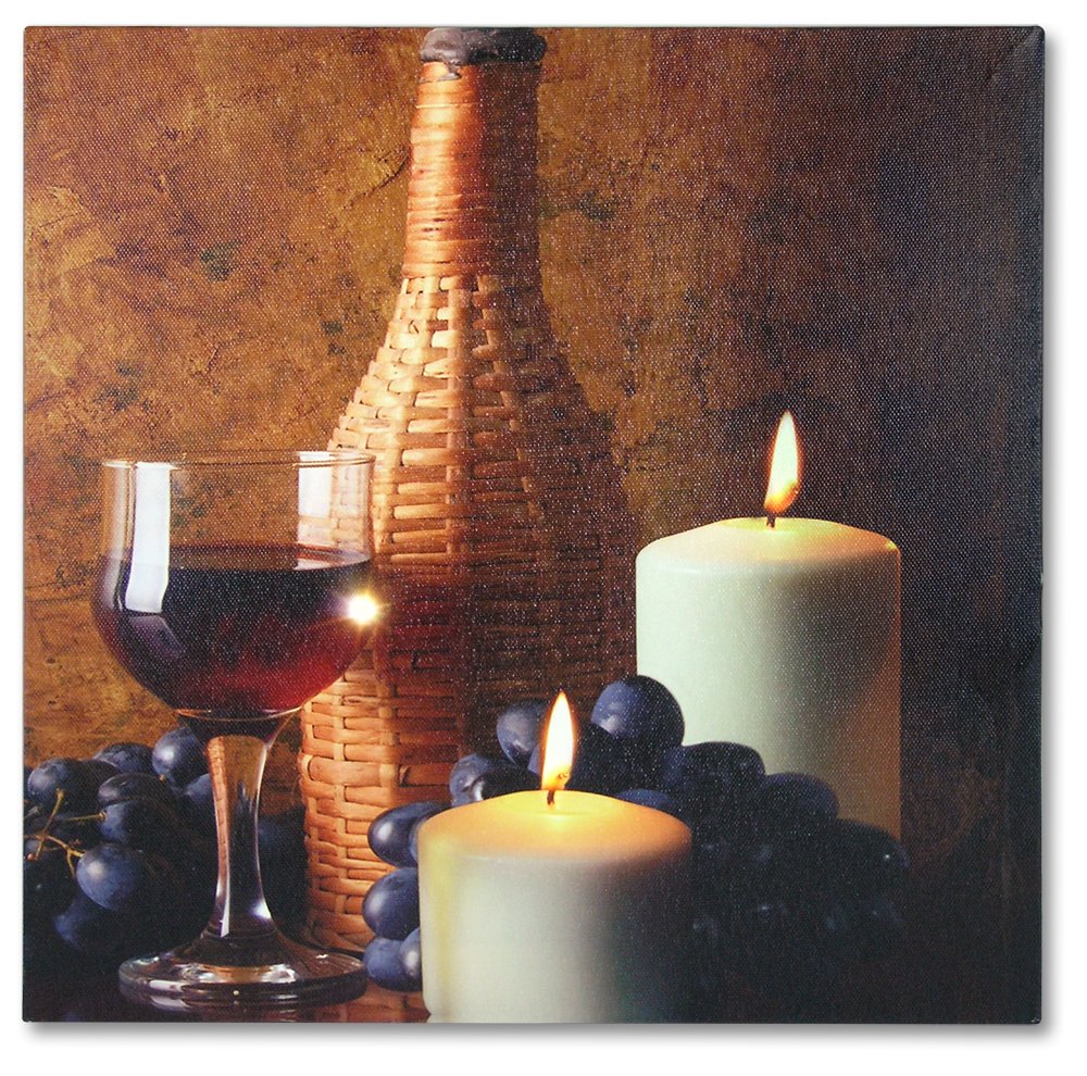 BANBERRY DESIGNS LED Wall Art Candles and Wine Glasses Lighted Canvas Picture, Wine Themed Wall Decor for Kitchen, Dining Room, Bar or Lovers Gift, 12 x 12 Inch, Requires 2 AA Batteries