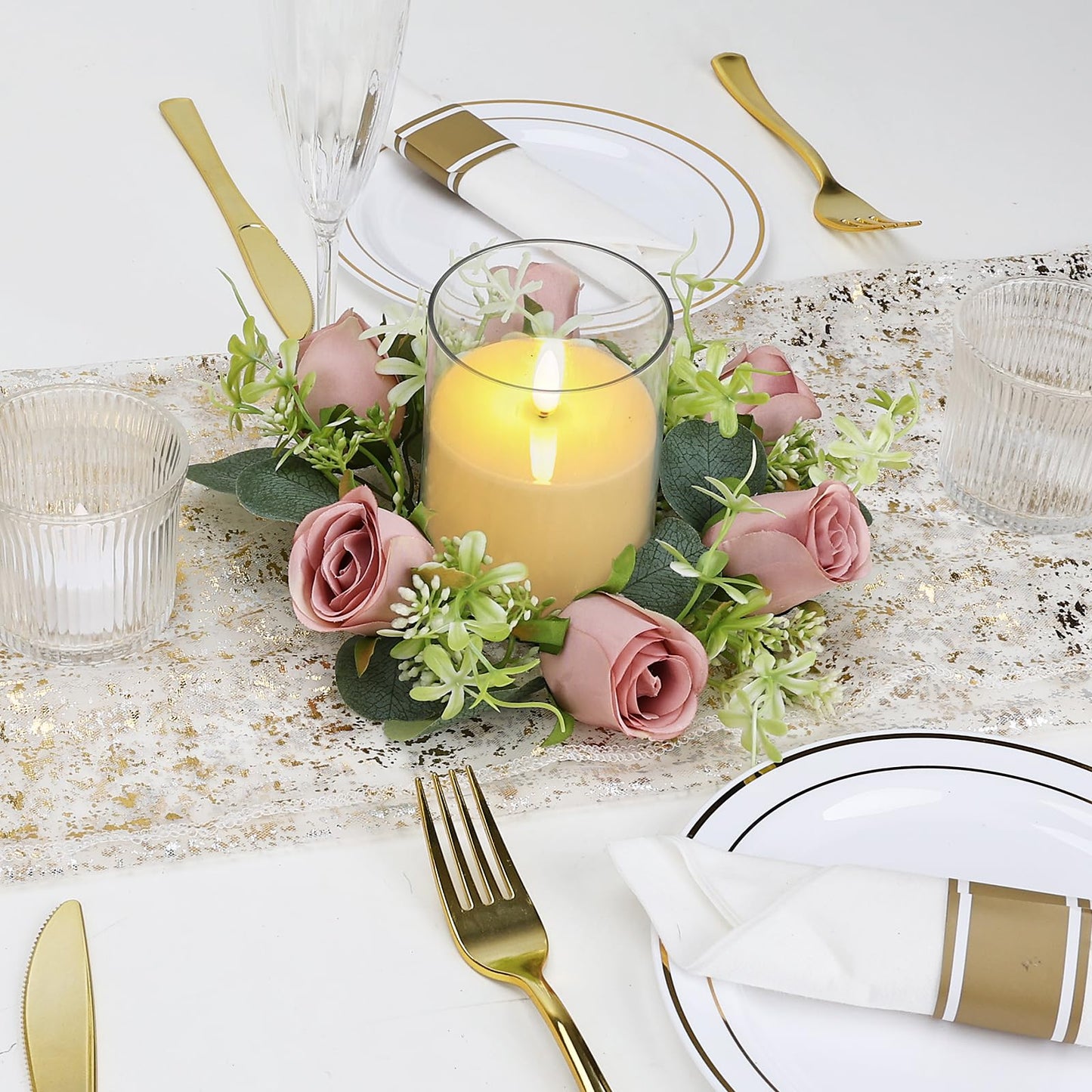 Tobilu 12 PCS Roses Candle Rings Wreaths - 3 Inch Artificial Floral Rings with LED Flameless Candles Eucalyptus Leaves for Spring Banquet Table Centerpieces Home Wedding Party, Dusty Pink