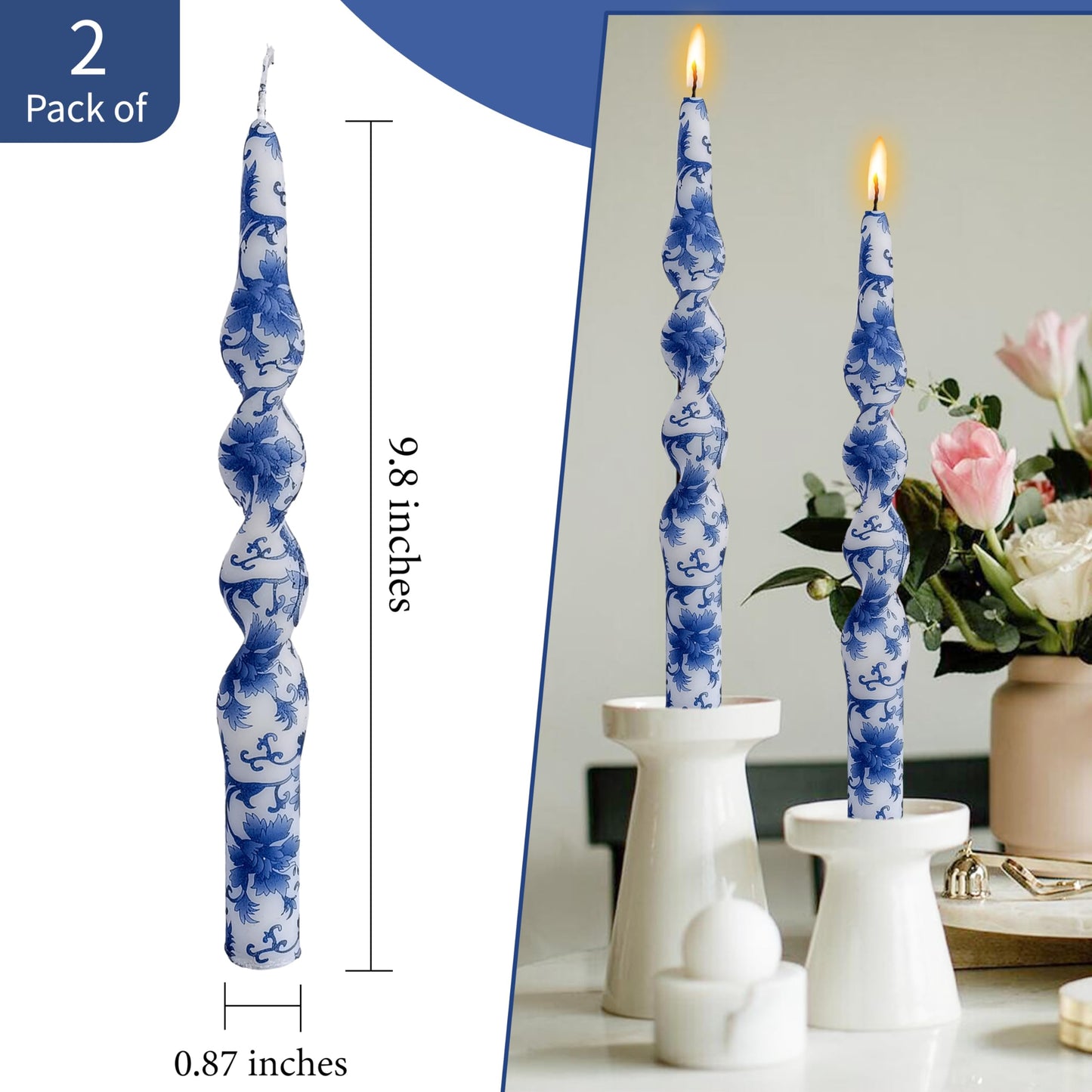 Blue White Porcelain Spiral Candles Sticks Floral Twisted Taper Candles 10 in Hand Printed Taper Candle for Home Garden Decor, 2Pcs