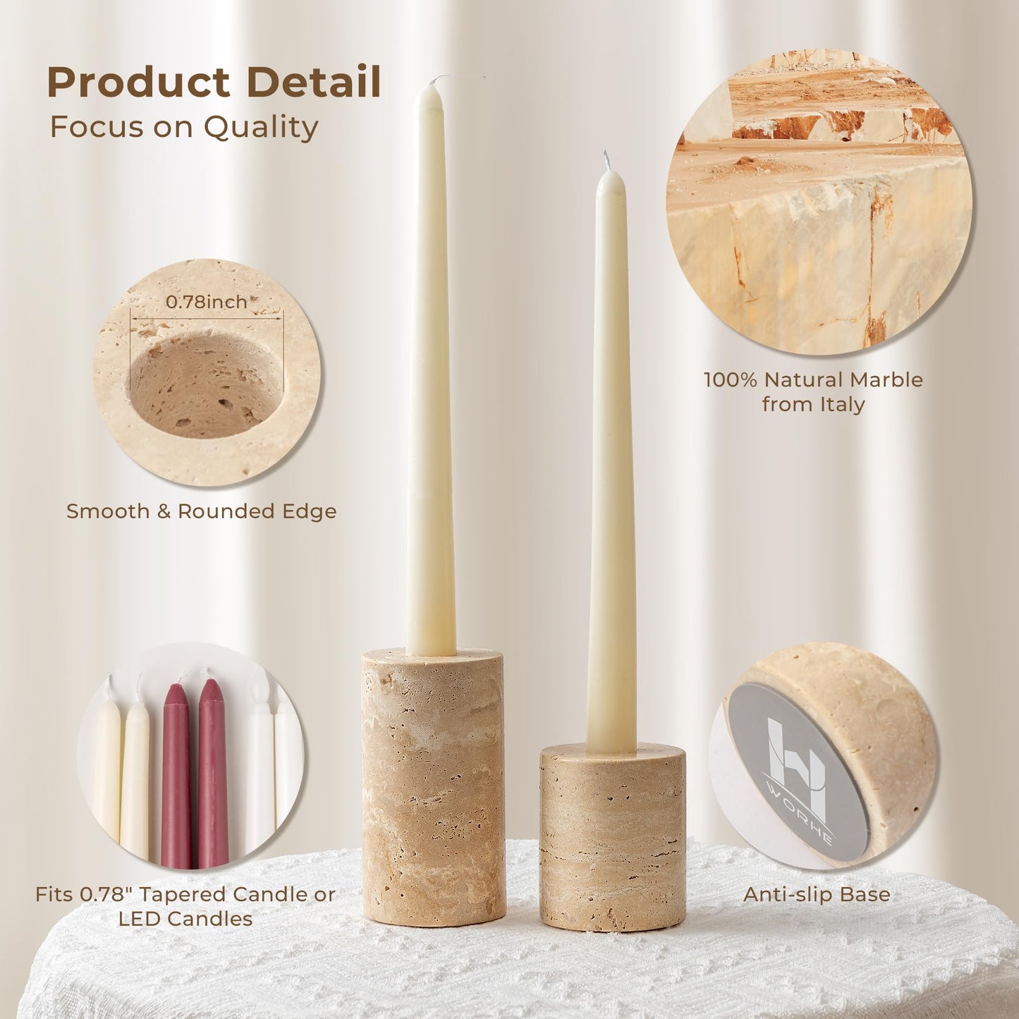 WORHE Candle Holders True Natural Marble Set of 2 Decorative Candlestick Holder for Table Centerpieces Home Dinning Party Wedding Birthday Premium Candles Stand for 3/4 inch Candles Beige (ZT017R)