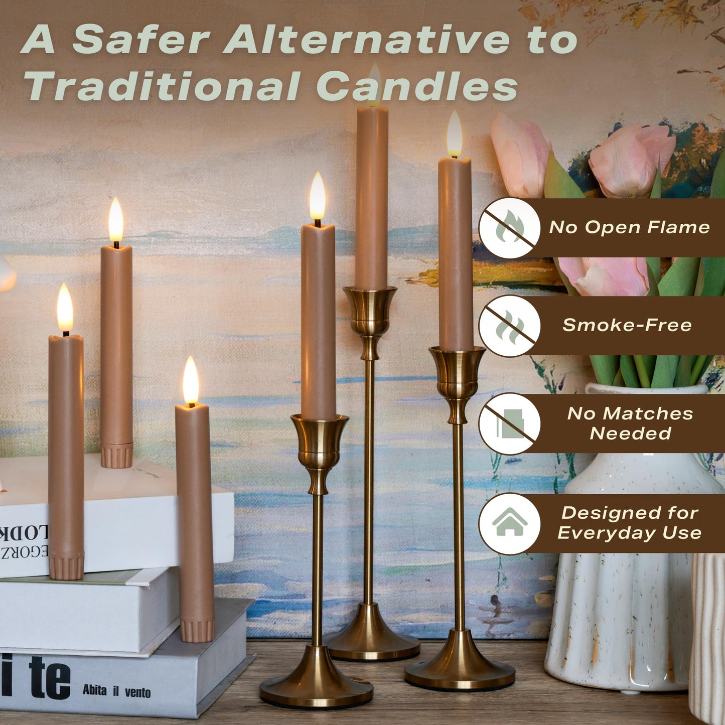 AFINETH Brown Flameless Taper Candles with Remote, Short Battery Operated LED Candles, 6.4inch Flickering Flameless Candlesticks for Table Centerpiece, Farmhouse, Mantel, Window Decor, Set of 6