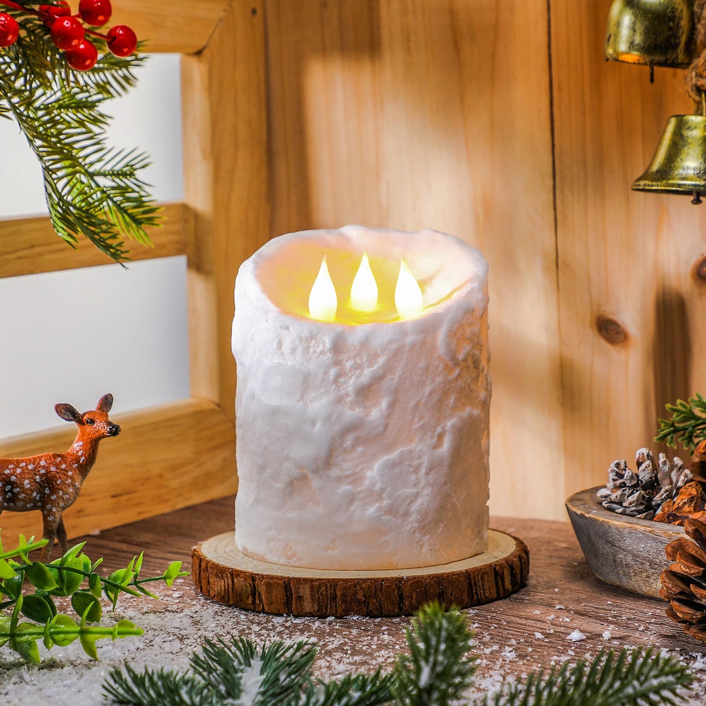 Baquler Large Flameless LED Battery Operated Pillar Candle - 3 Wick 5"x4" Snowy Frosted White Flameless Christmas Fake Candle for Xmas Table Centerpiece Holiday Rustic Indoor Home Decor