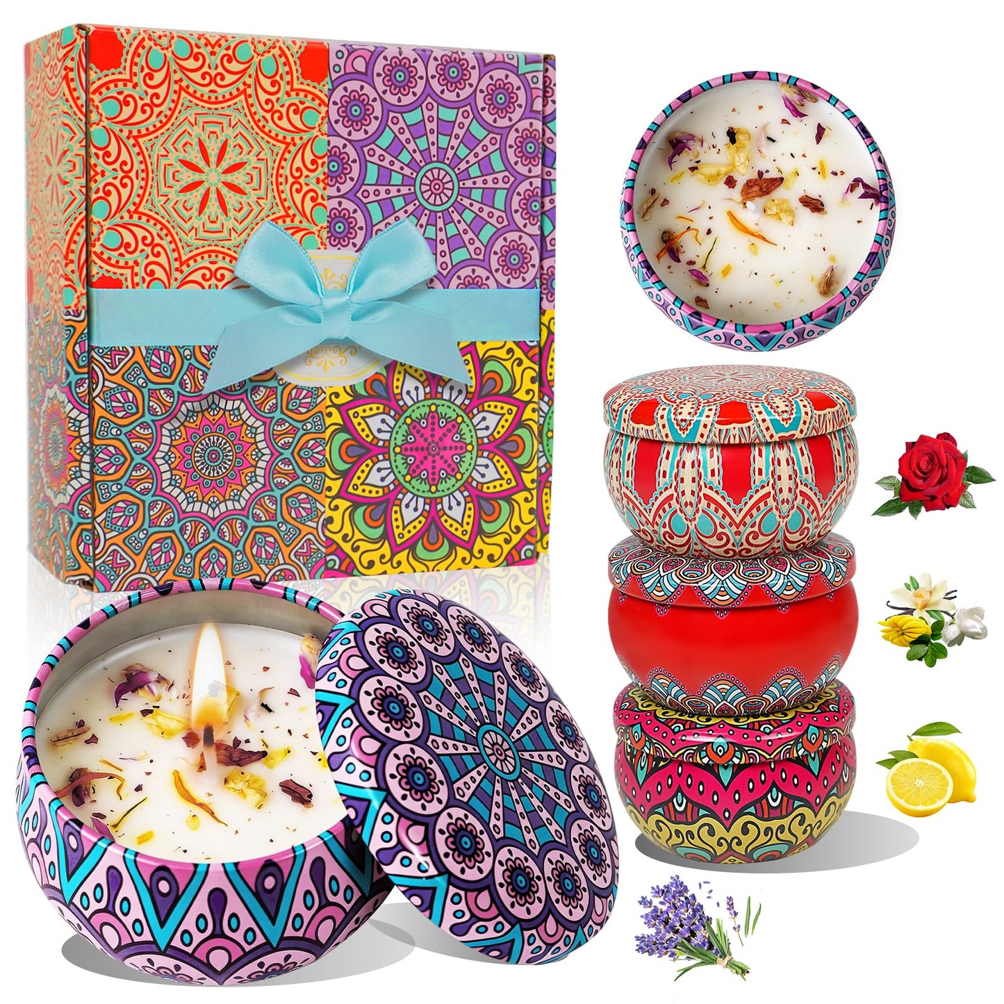 MILINITIQI 4 Pack Candles Gift Set for Women, Small Scented Candles with 8% Essential Oils, Natural Soy Candle with Floral Scents, Elegant Gifts for Women,Men, Spa,Bath,Yoga,Birthday Valentine's Day