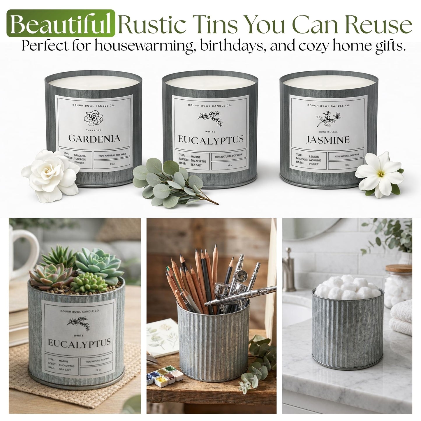 Dough Bowl Candle Co. Wickless Candles for Candle Warmer Lamp - Set of 2 Jar Candles for Warmer Lamp, Wax Melts Strong Scent in Eucalyptus and Jasmine, Flameless No Wick Scented 100% Soy Wax