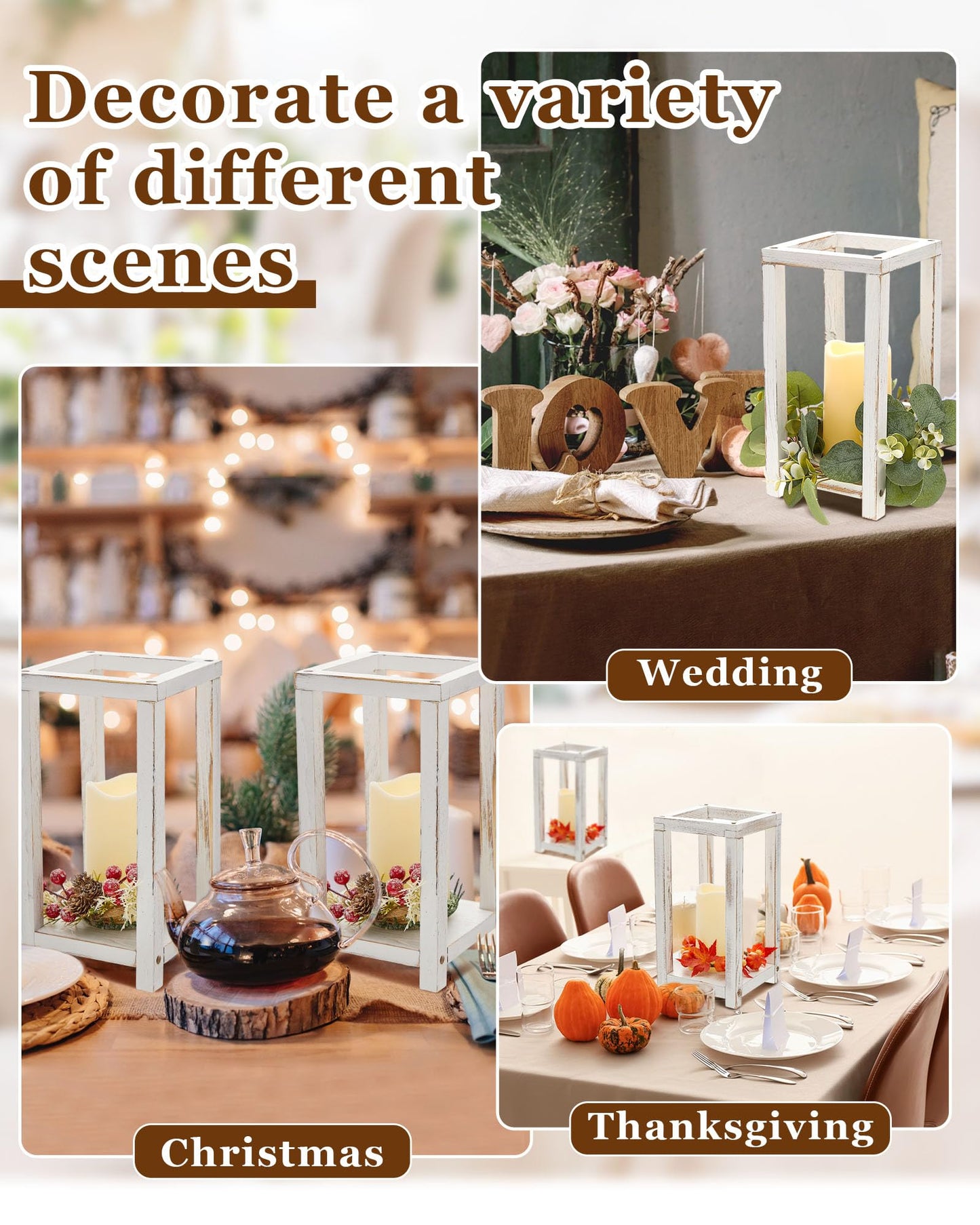 Huquary 8 Pcs Wooden Wedding Lantern Centerpiece for Table Decoration Includes 4 Farmhouse Candle Holder and 4 Flameless Decorative LED Candles for Rustic Home Wedding Decor(White)