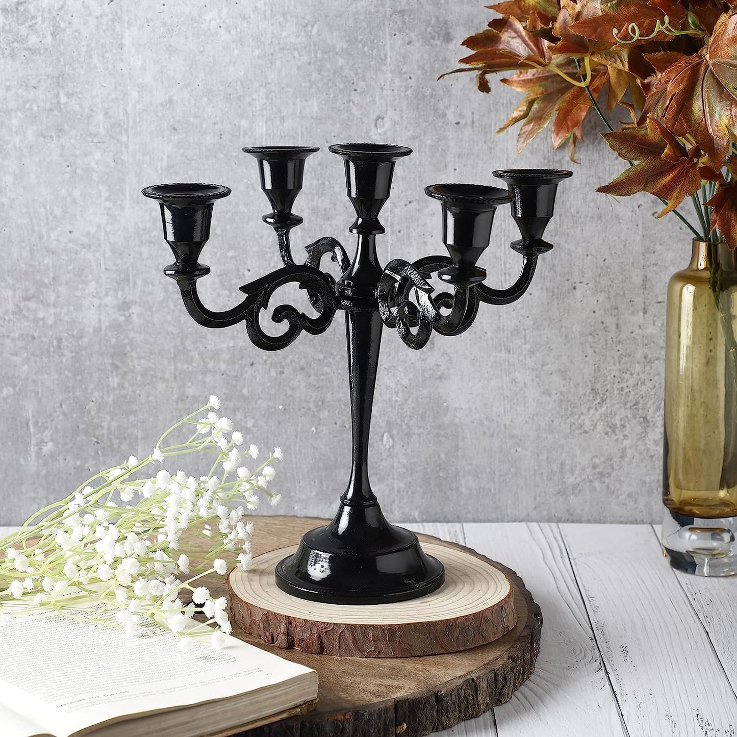 Rely+ 5 Arm Candelabra Taper Candle Holders Decorations Indoor Kitchen Décor Table Candles Candlestick Candelabra Centerpiece (Black Glossy)