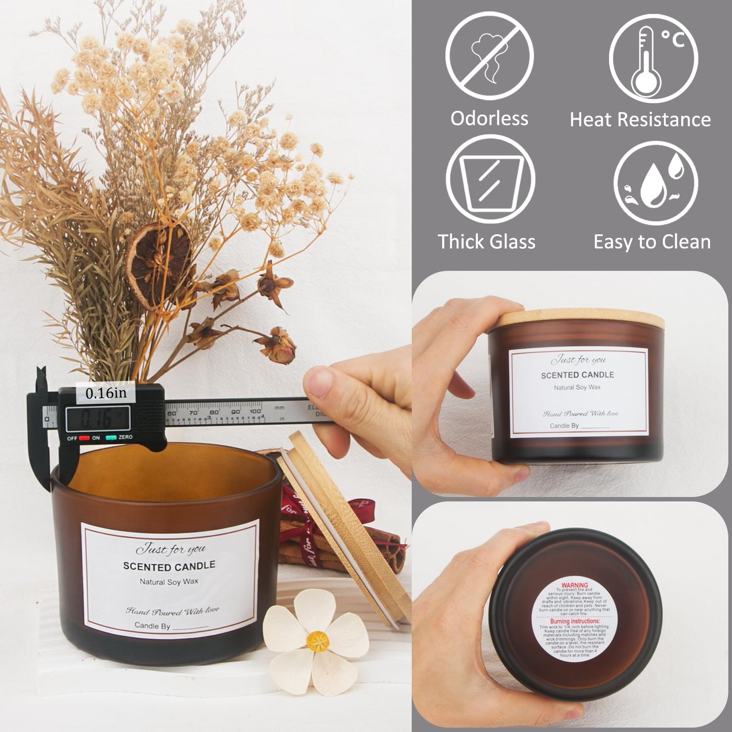 MILIVIXAY 6 Pack 16 oz Candle Jars with Bamboo Lids and Candle Making Kits - 3 Wick Candle Jar,Bulk Empty Frosted Amber Thick Glass Jars for Making Large Candles - Spice, Powder Containers.