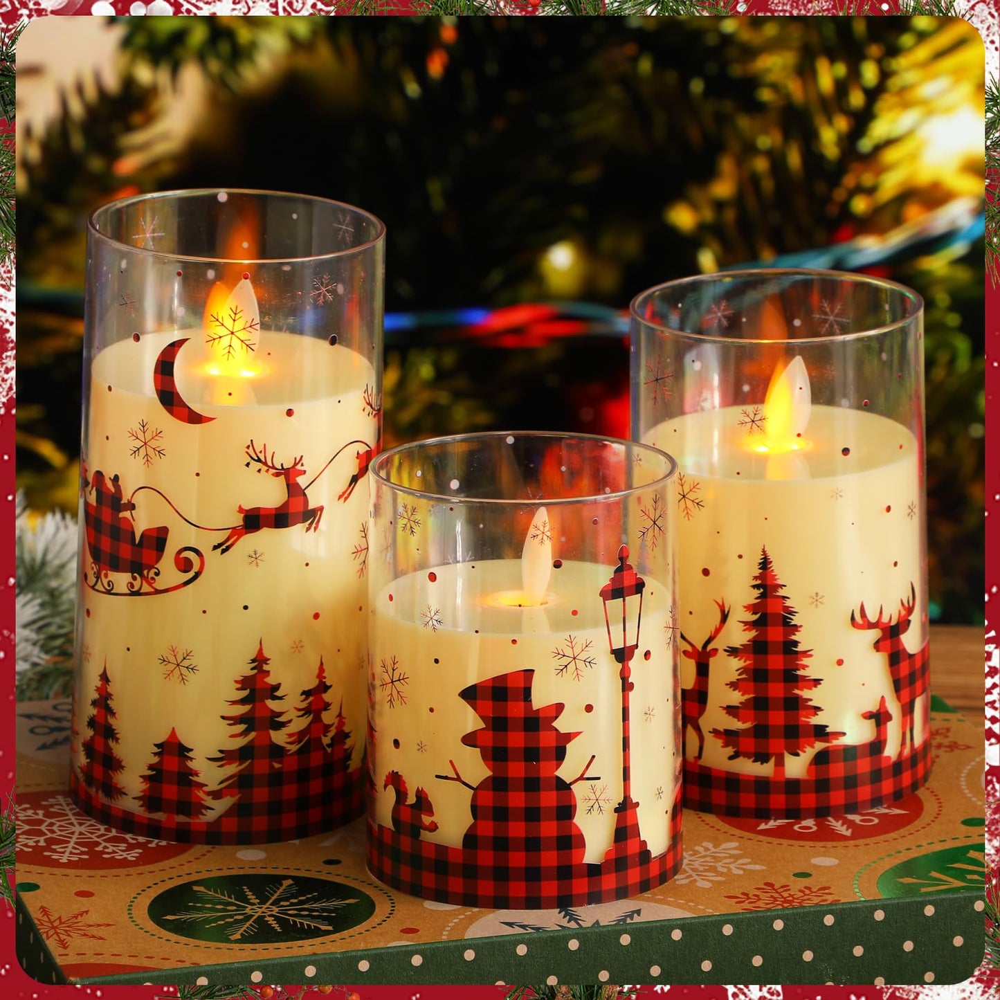 Blosssound 3 Pack Buffalo Plaid Christmas Flameless Candles Battery Operated Xmas Red Glass Flameless Flickering Candles LED for Home Fireplace Winter Holiday Table Decorations Christmas Gifts
