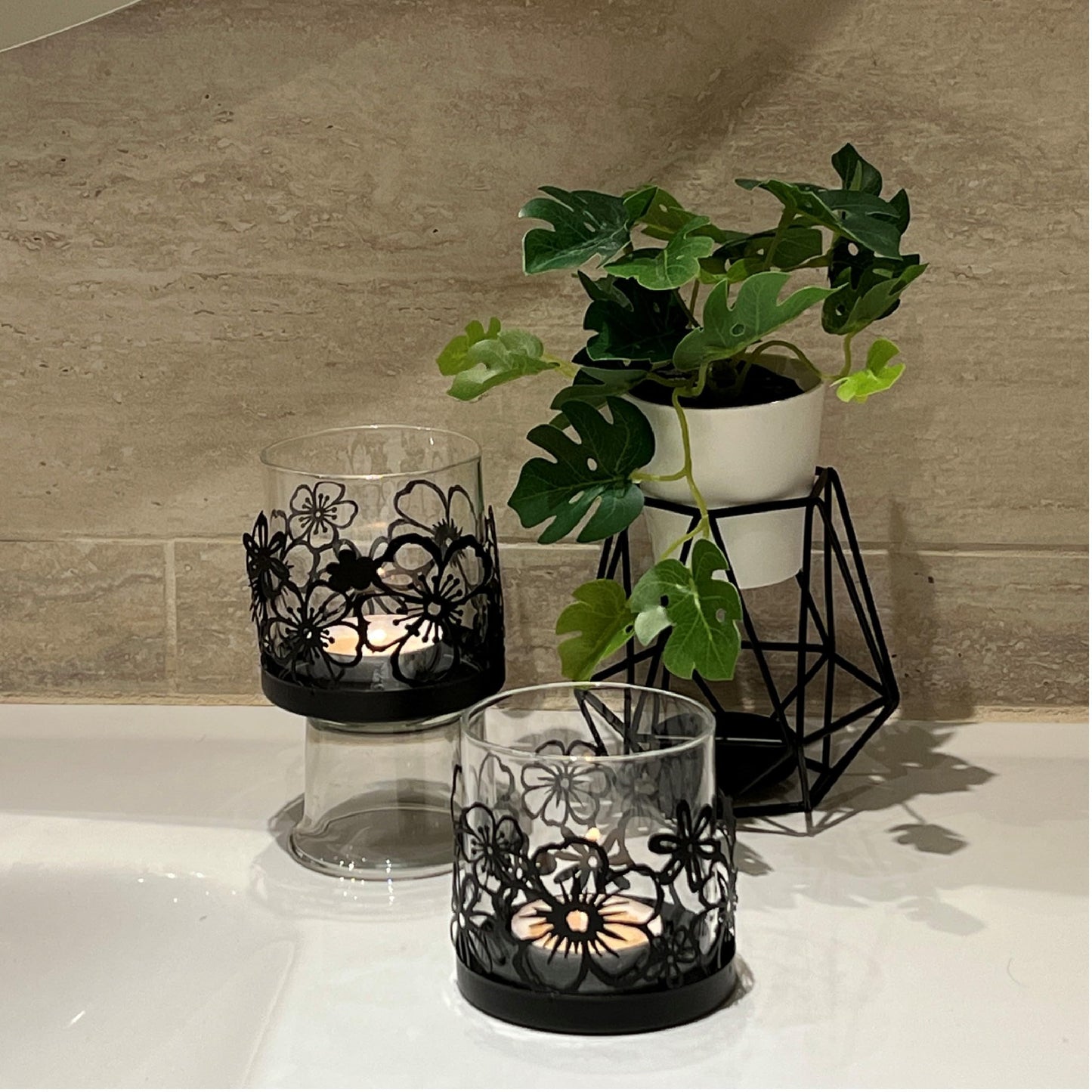 Lily’s Home Cutout Shadow Box Votive Tea Light Hurricane Glass Candle Holders, Centerpiece Lighting for Weddings, Entertaining and Home Decor, Flowers Garden Design, Black, Set of Two