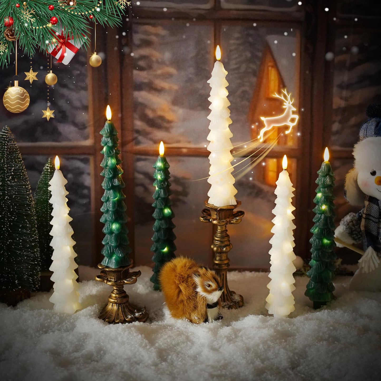 kakoya Christmas Tree Flameless Candles with Remote,4 Pcs Green Real Wax LED Flickering Candles Battery Operate with Embedded Star String for Home Decoration Christmas Gifts(D0.86 xH9.6)