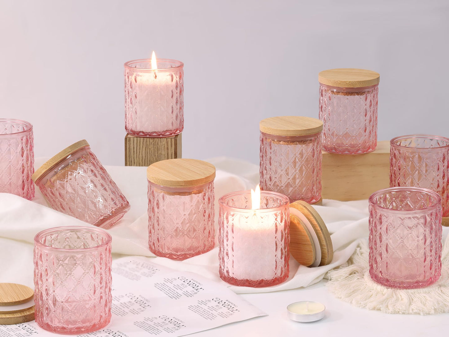 NITIME 15pcs 7.5oz Pink Candle Jars for Making Candles, Glass Candle Vessels with Bamboo Lids and Sticky Labels, Containers for Candle Making Supplies