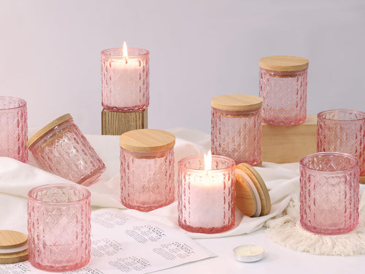 NITIME 15pcs 7.5oz Pink Candle Jars for Making Candles, Glass Candle Vessels with Bamboo Lids and Sticky Labels, Containers for Candle Making Supplies
