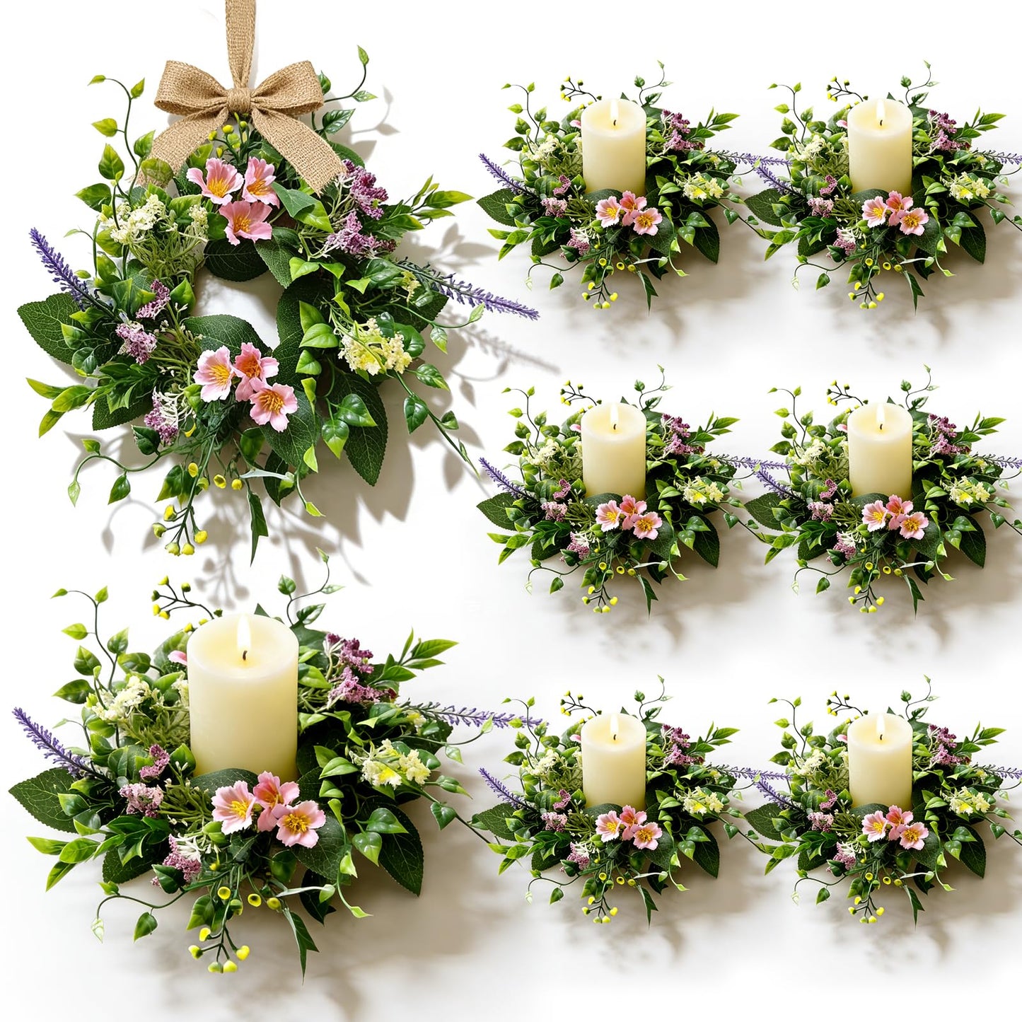 6 Pcs Small Spring Summer Candle Ring Wreaths with Artificial Pink Flower Purple Lavender Yellow Berry Mini Pillar Candle Holder Wreath with Green Leaves for Home Kitchen Table Centerpieces Wall Decor