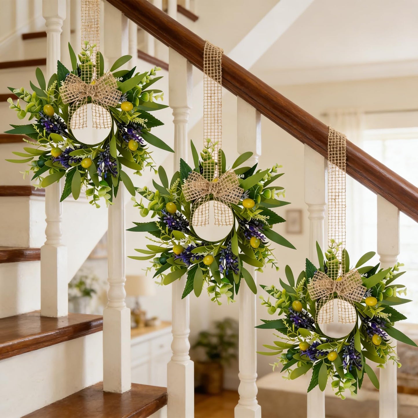 4 PCS Green Eucalyptus Olive Swag Wreaths for Pillars Spring Summer Greenery Kitchen Cabinet Wreaths Mini Green Boxwood Leaves Wreath with Ribbon for Front Door Porch Wall Window Farmhouse Decoration