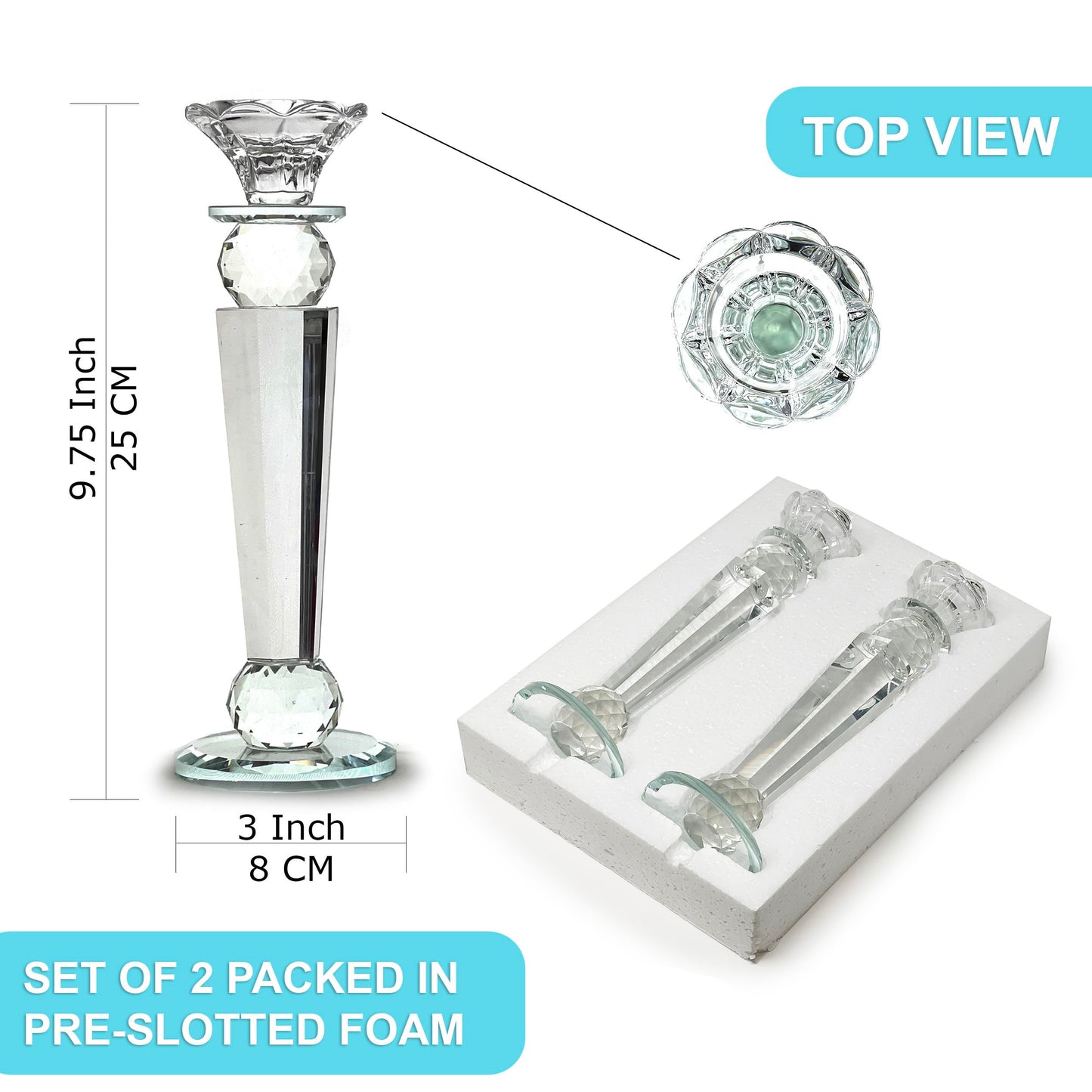 Allgala Set of 2 Crystal Glass Made Reverse Tapered Pillar and Hand Crafted Ball Candlesticks-10-HD89152