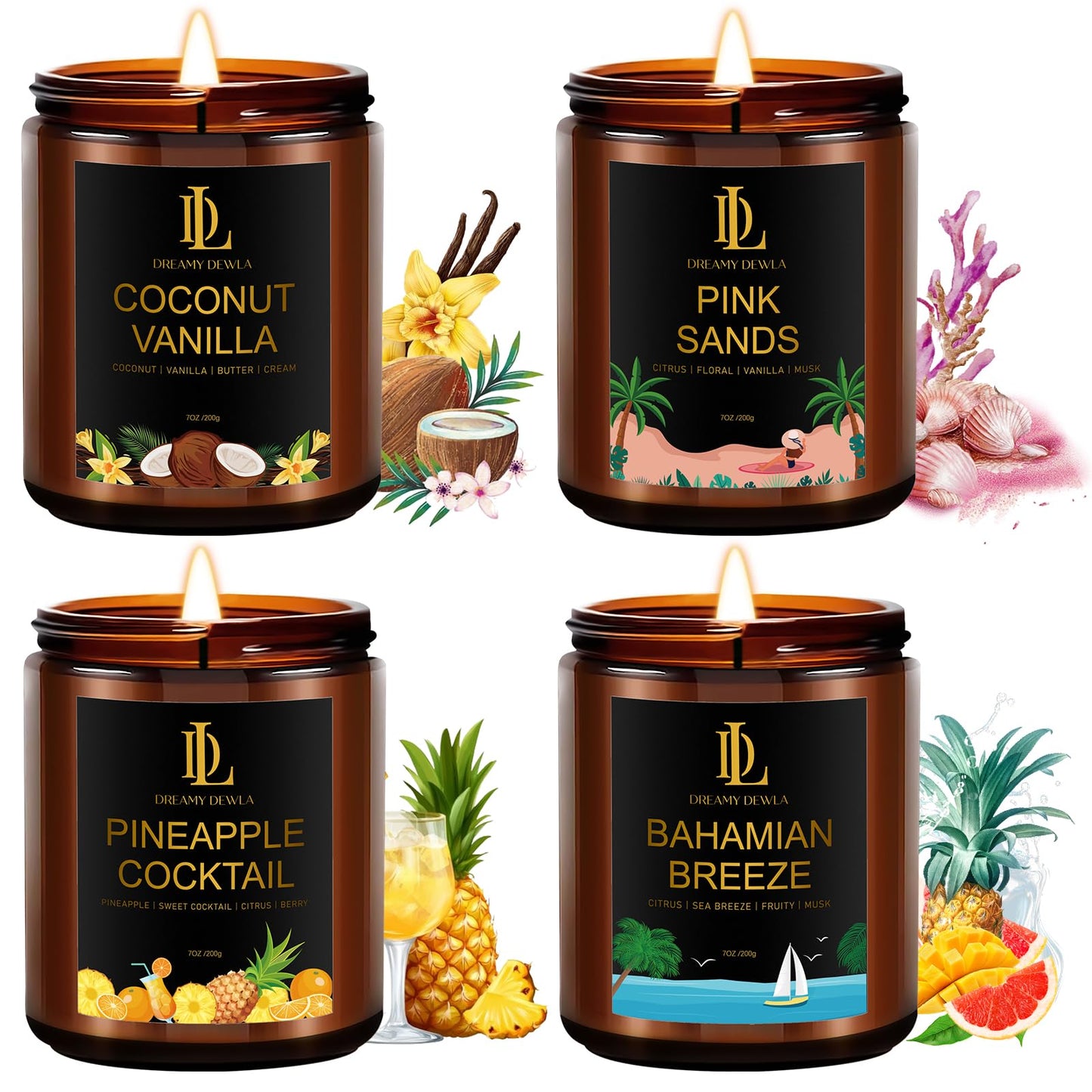 Scented Candles Set, 4 Pack Soy Candles for Home Scented, Candle Gifts for Women Men, 28oz 200 Hours Burn, Scents of Pineapple Cocktail/Coconut Vanilla/Pink Sands/Bahamian Breeze