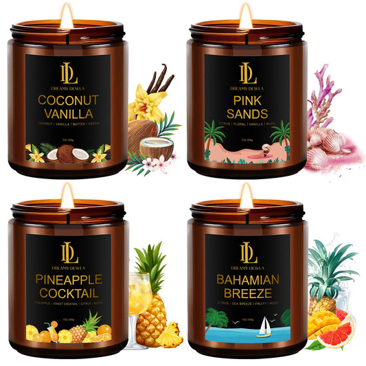 Scented Candles Set, 4 Pack Soy Candles for Home Scented, Candle Gifts for Women Men, 28oz 200 Hours Burn, Scents of Pineapple Cocktail/Coconut Vanilla/Pink Sands/Bahamian Breeze