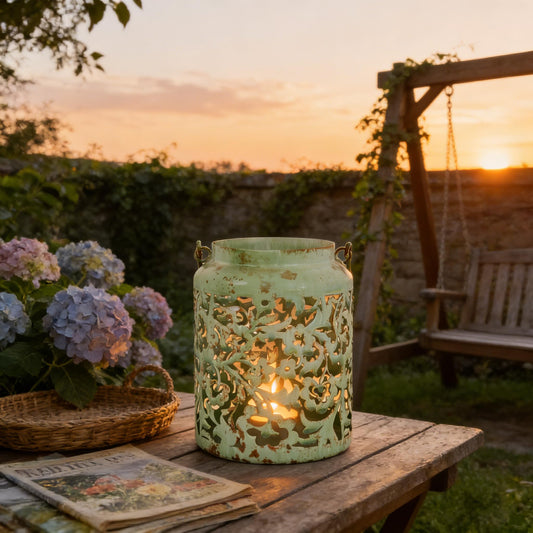 Vintage Metal Candle Lanterns with Handle Rustic Distressed Light Green Decorative Candle Holder with Floral Cut-Out Design for Home, Garden, Patio, Porch, Parties, Weddings Decor