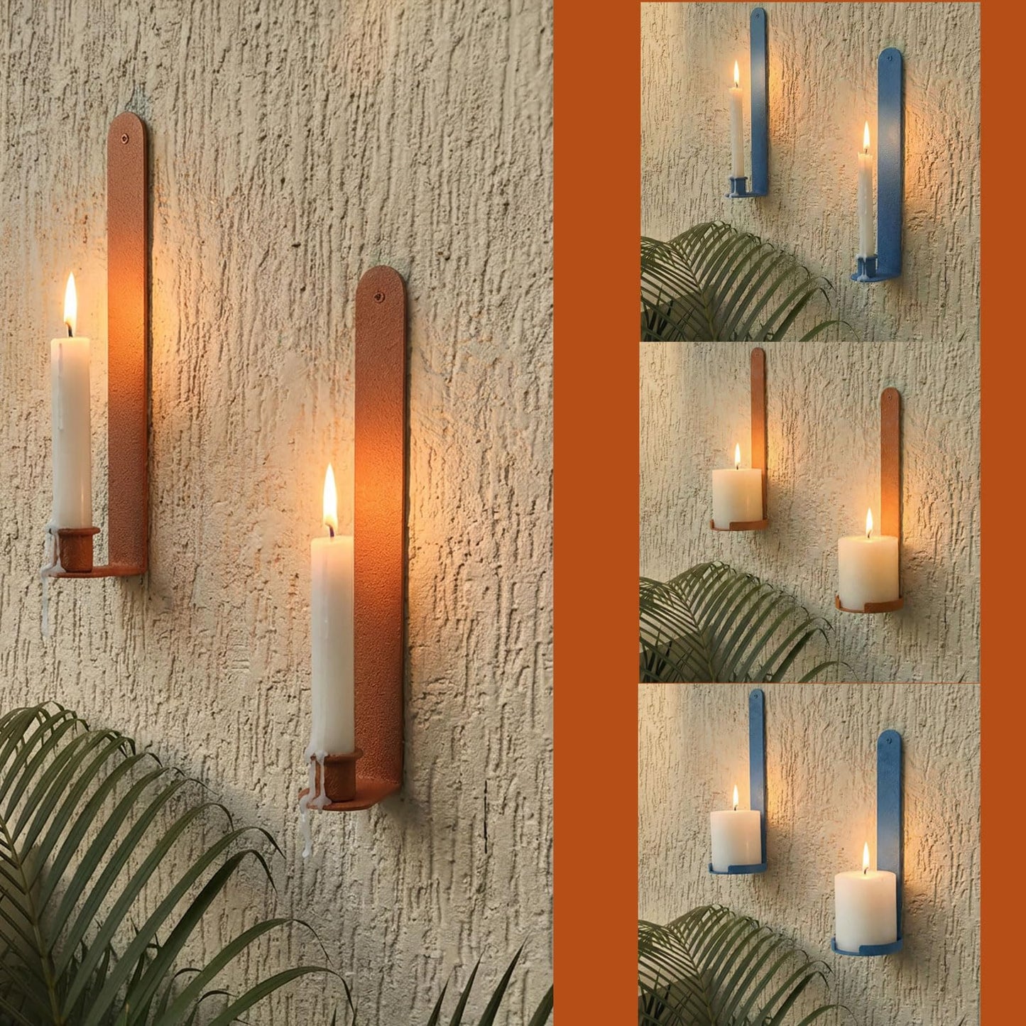 AimtoHome Wall Candle Sconces Set of 2, Classic Iron Farmhouse Holders for Taper Candles, Rustic-Textured Powder-Coated Wall Mounted in Orange for Living Room, Hallway Decor