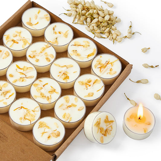 Crenovo Jasmine Scented Tealight Candles with Dried Flowers, 4 Hours Non-Toxic Tea Lights, 100% Soy Wax Candles Bulk for Wedding, Spa, Bath, and Home Decor, 16 Pack