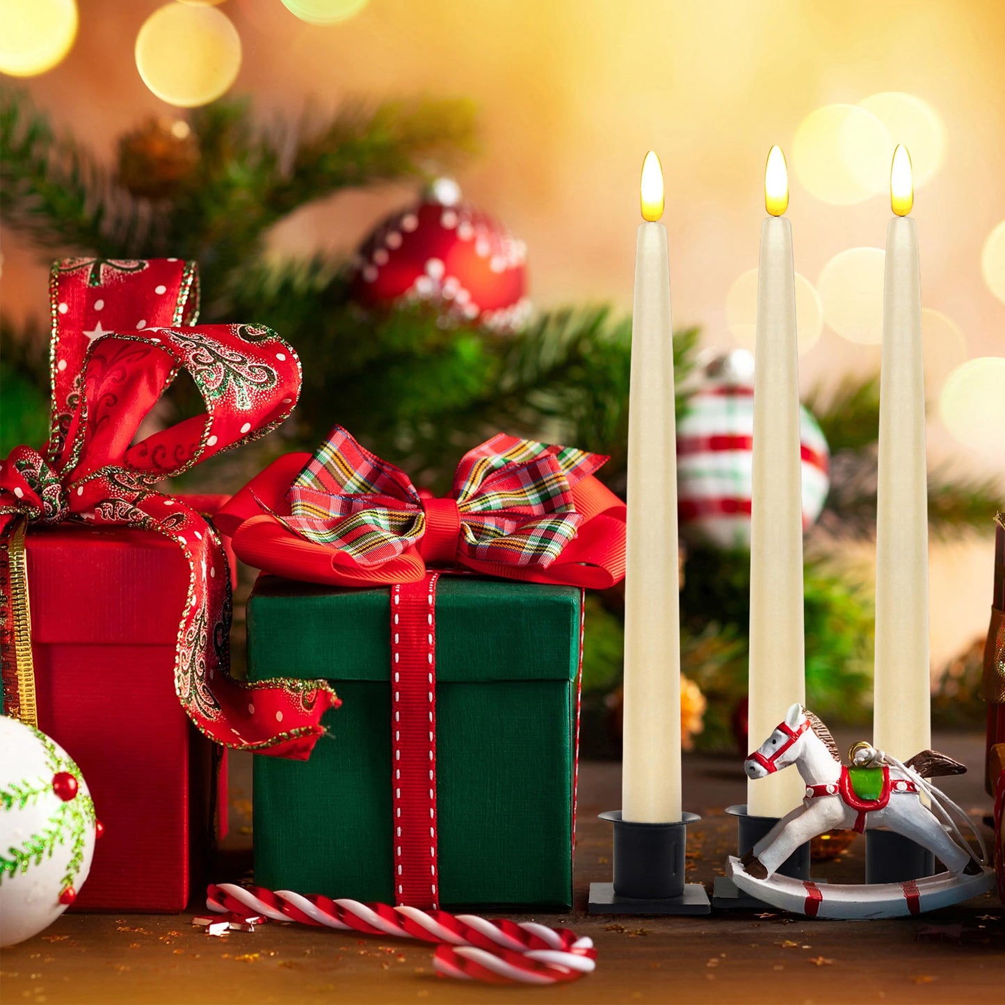 CVHOMEDECO. Flameless Taper Candles with 10-Key Remote, Battery Operated Led Flickering 3D Wick Window Candles Real Wax Finished Home Christmas Party Decor 0.78 x 11 Inch, Pack of 3, Ivory