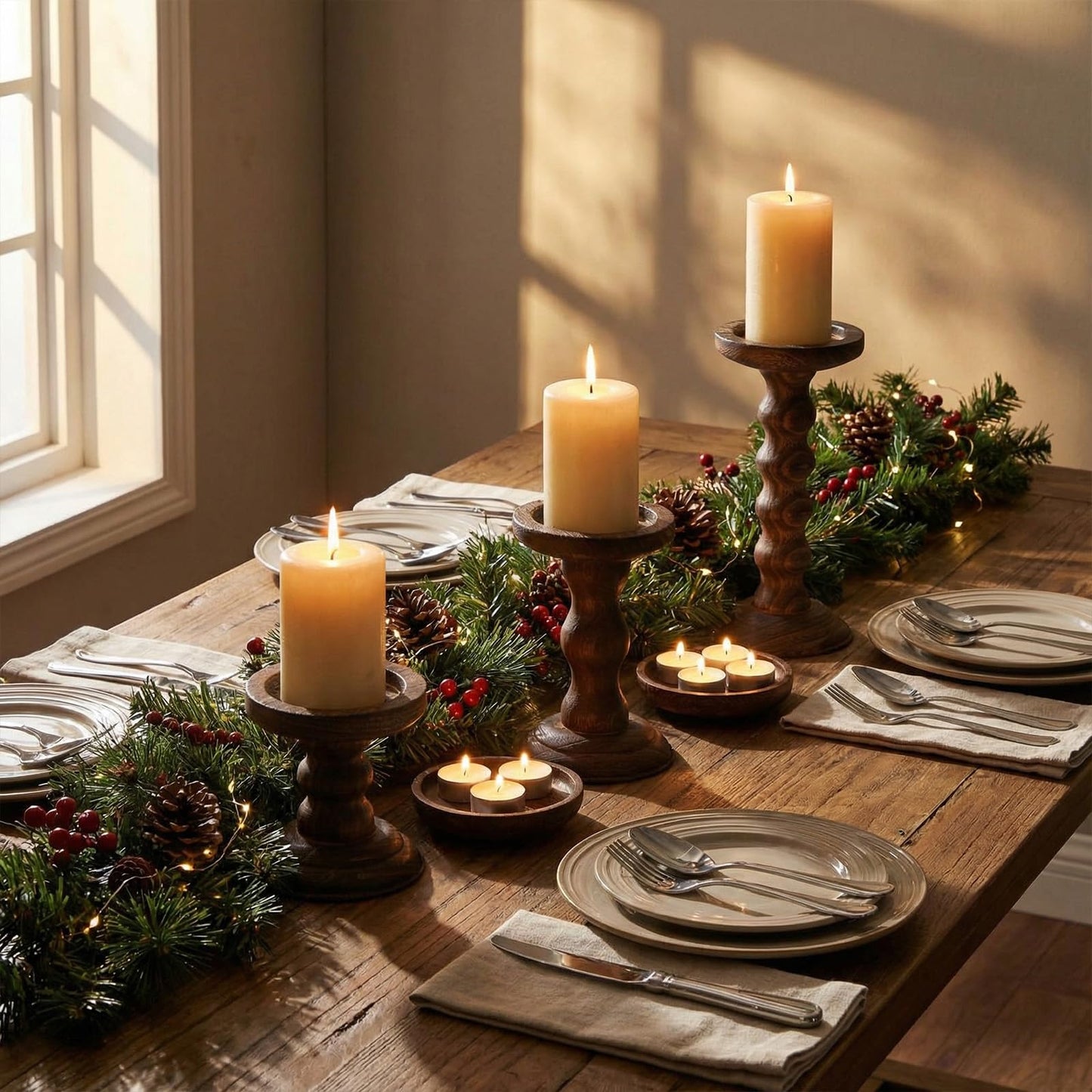 Vesici Candlestick Holder Plate Pillar Candle Holder Candles Stand Decorative Centerpieces for Table Wedding Events Party Living Room Housewarming Gift(Wooden)