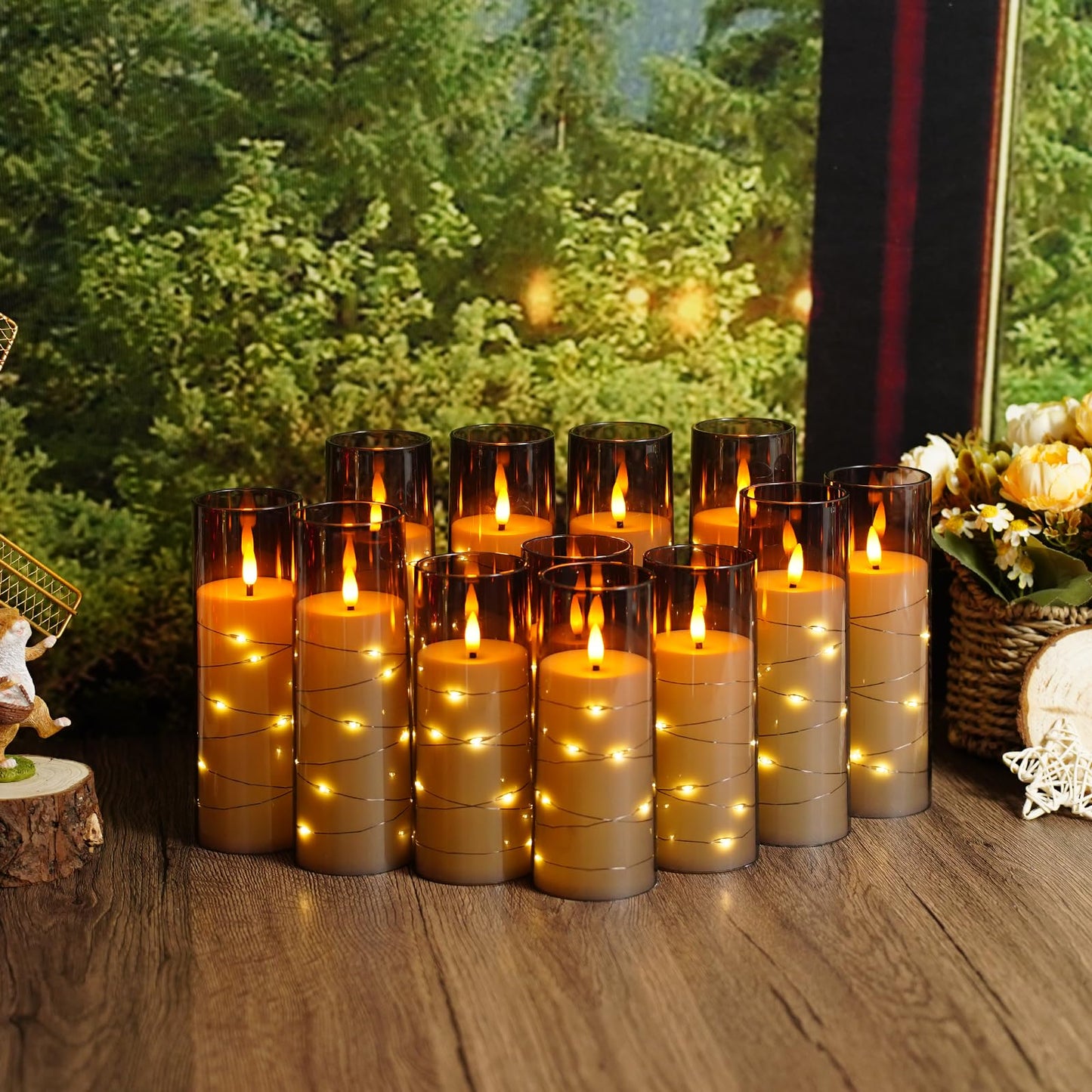 Sasigeiaa Flameless Candles with Embedded Star String - Battery Operated LED Candles, with Remote,12 Grey Flickering Candles for Christmas, Weddings, Home Decor & Party,(D 2.3"×H 5" 6" 7")