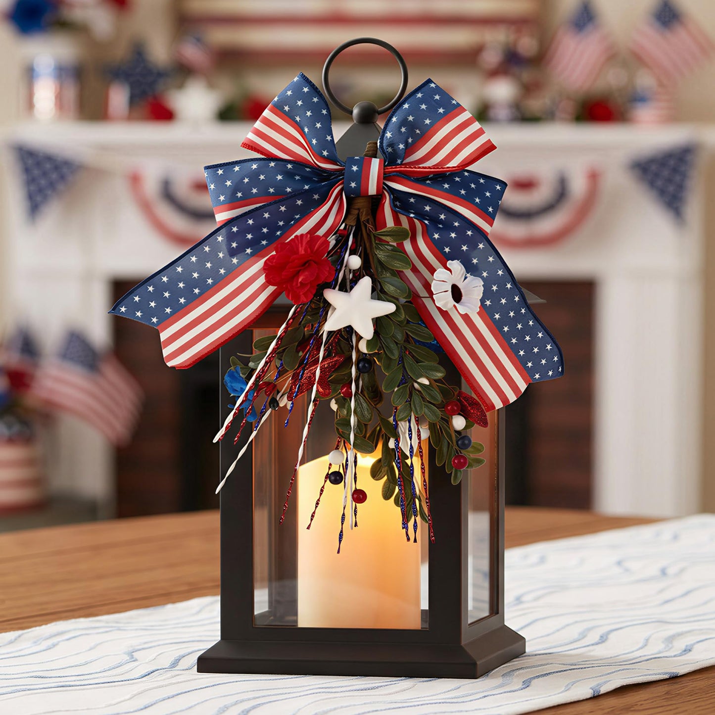 JOHUNT Patriotic Lanterns Decorative Indoor, 14" Black Lantern with Timer Flameless Candle, Battery Operated Waterproof Outdoor Hanging 4th of July Lanterns for Porch, Patio, Patriotic Decorations