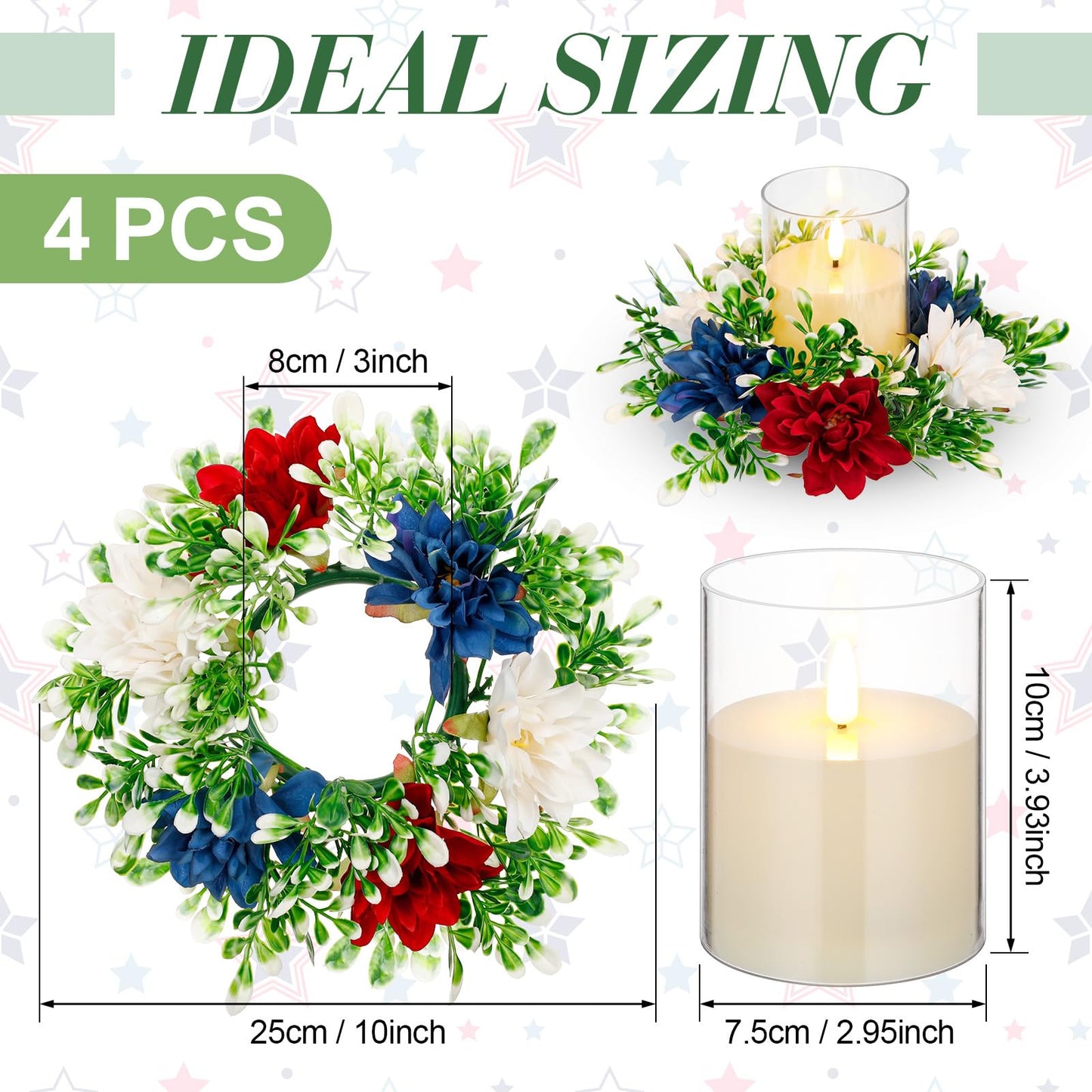 Yunlly 4 Pcs Artificial Dahlia Candle Rings Wreaths, Patriotic Red White and Blue Floral Rings Holders with LED Flameless Candles for 4th of July Independence Day Memorial Day Table Centerpiece