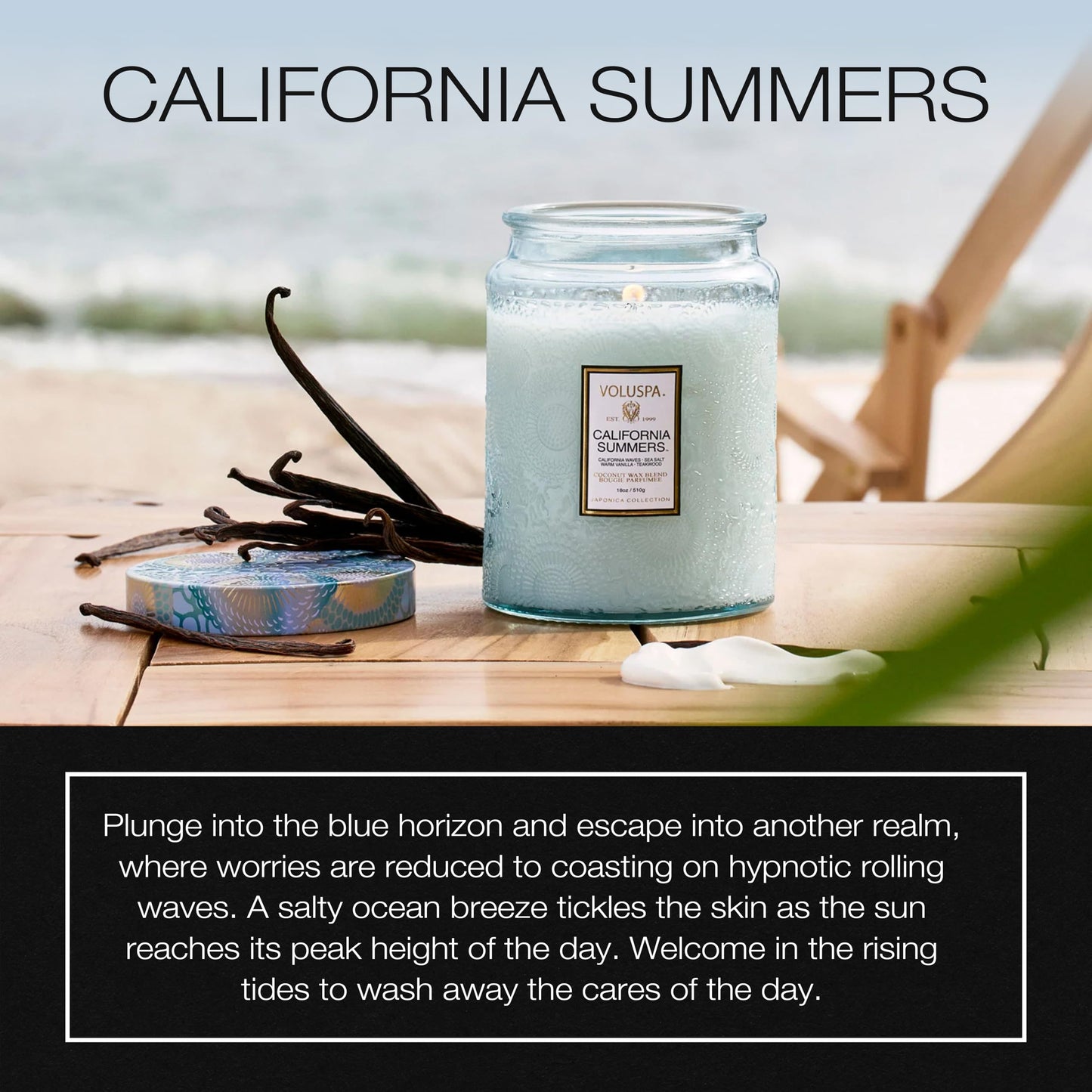 Voluspa California Summers Candle Jar, 18 oz, Coconut Wax Blend, Large Scented Candles for Home, 100 Hour Burn Time, Poured in the USA