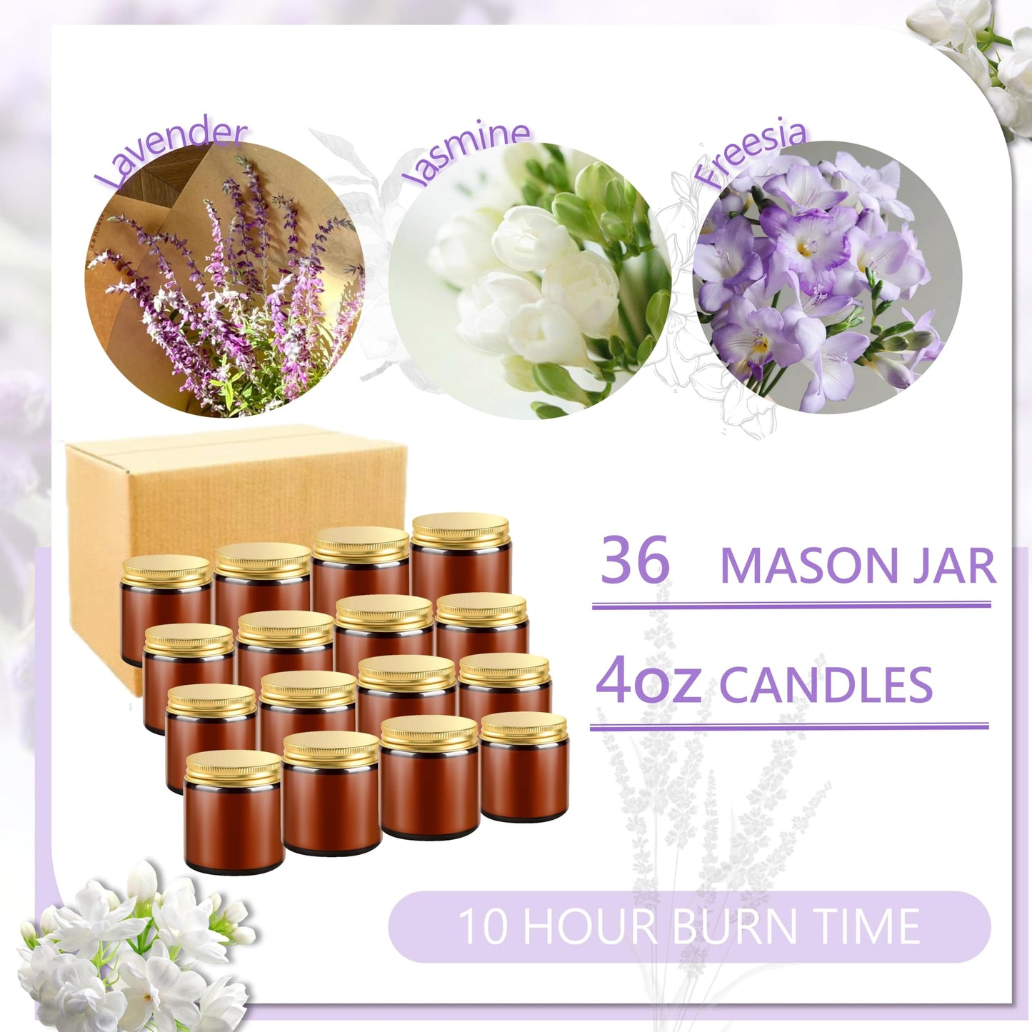 ACITHGL 36 Pcs 4oz Mini Mason Jar Candles Small Scented Candles Bulk Aromatherapy Ideal Souvenir Favors for Wedding Birthday Party (Freesia, Lavender, Jasmine, Amber)
