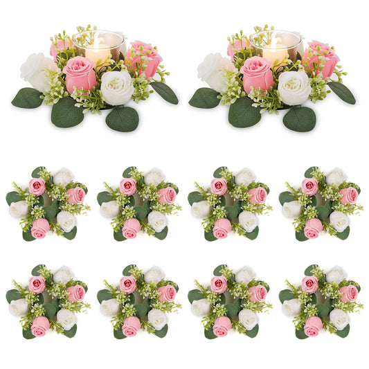 NUPTIO Flower Wreath for Table Centerpieces: 9.05 Inch Small Pink & White Candle Rings 10 Pcs for Wedding Party Christmas Decorations - Rose Wreaths for Spring Summer Front Door Porch Decor