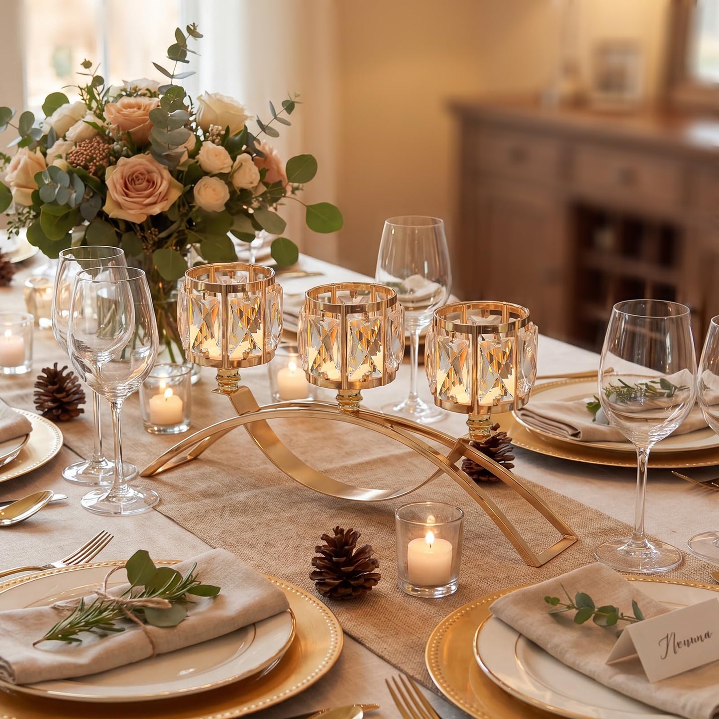 3 Arms Crystal Bowl Tealight Candelabra Votive Candle Stand, Candlestick Holders Wedding centerpieces for Tables Crystal Candlestick，Centerpiece Table Decorations (Gold)
