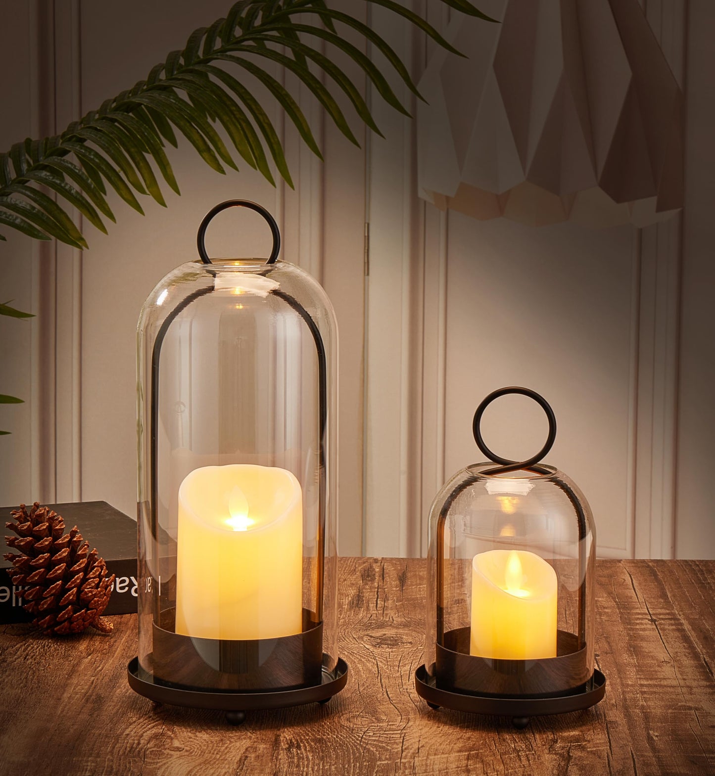 BUZFOWU Candle Holder Lanterns, Handcrafted Metal & Glass with Modern Aesthetic Design, Hurricane Pillar Candlestick Holders, Table or Hanging Decorations Set of 2, 5.1" & 4.4" Diameter, Black