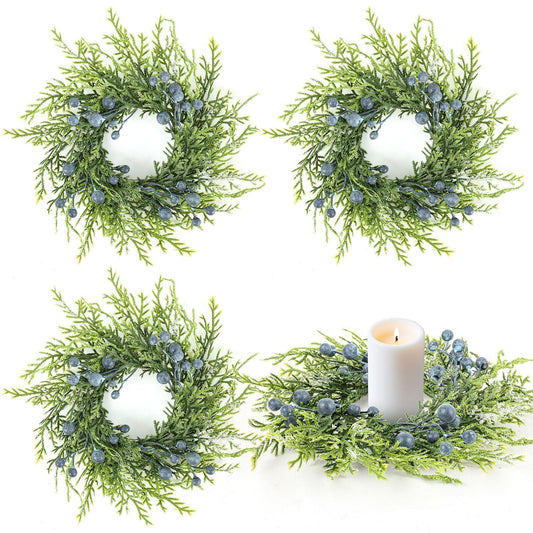 4 Pcs 3” Blueberry Candle Rings Spring Wreaths Mini Berries Table Centerpieces Wreaths Farmhouse Green Small Wreath for Pillars Kitchen Cabinet Front Door Porch Wall Decoration