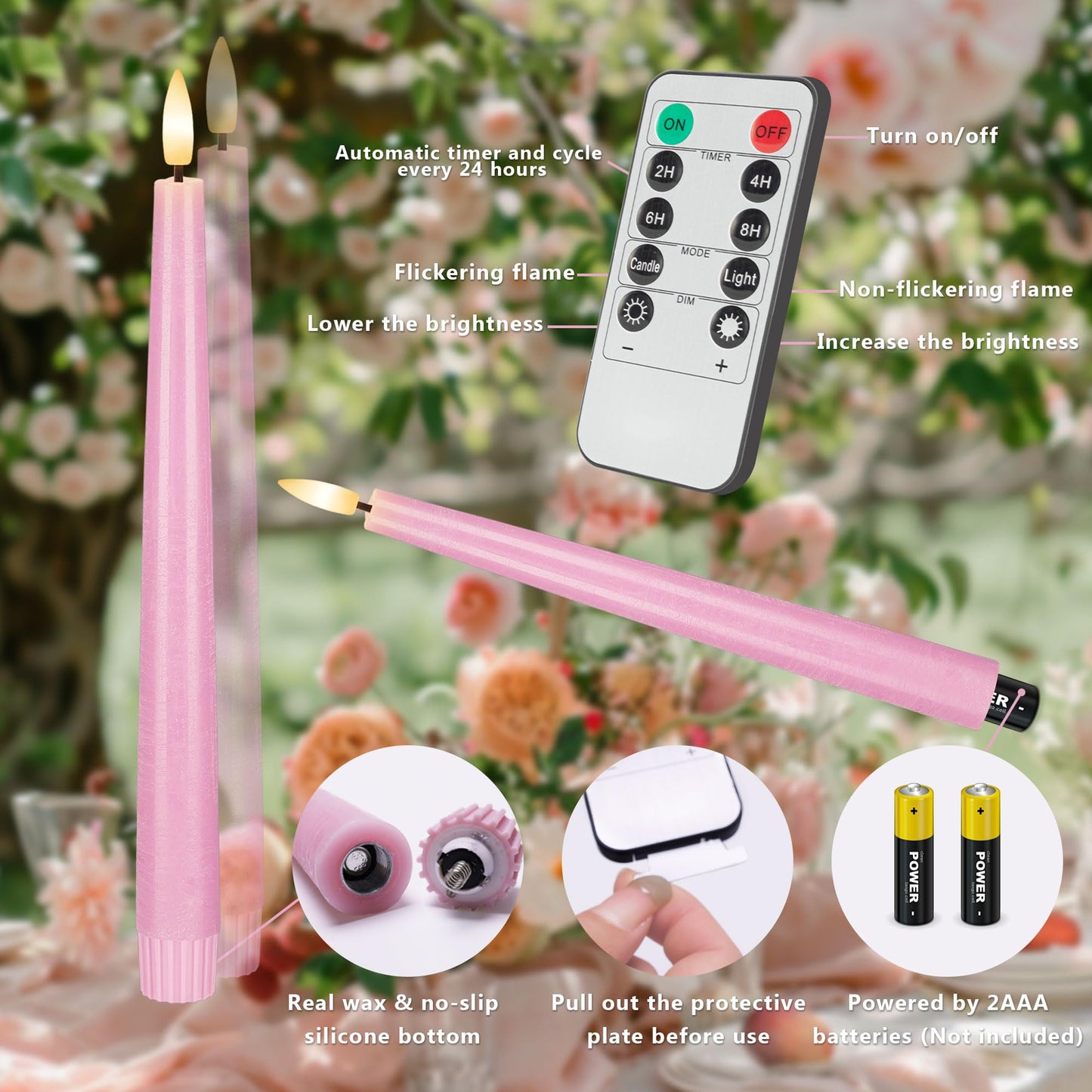 AFINETH Pink Flameless Taper Candles, 9.6" Battery Operated Candles with Remote, Real Wax Led Candle, Flickering Flameless Candlesticks for Home Party Wedding Romantic Night Decor