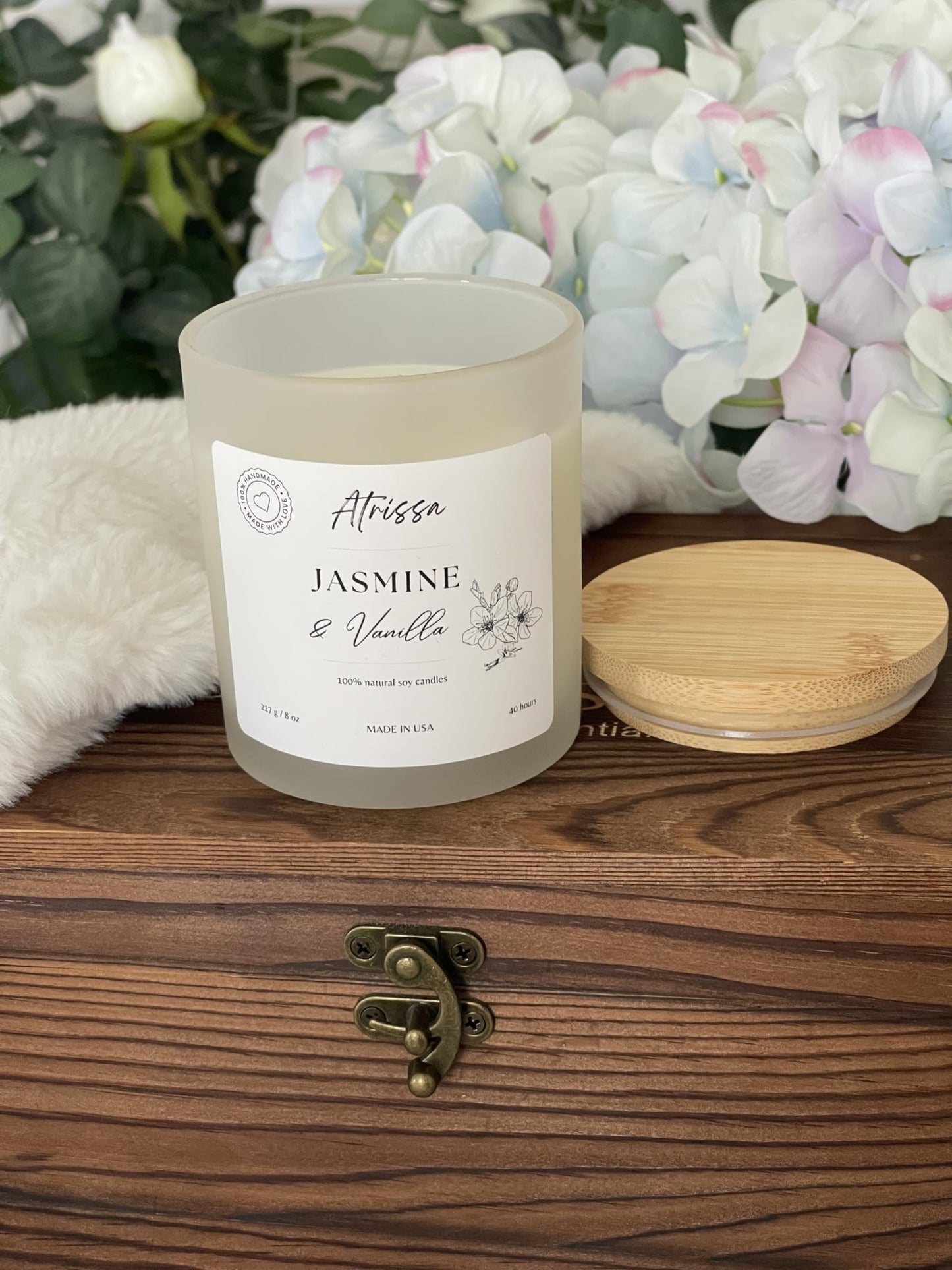 ATRISSA Jasmine Vanilla Soy Candle 8oz – Floral and Sweet Fragrance, Hand-Poured in USA