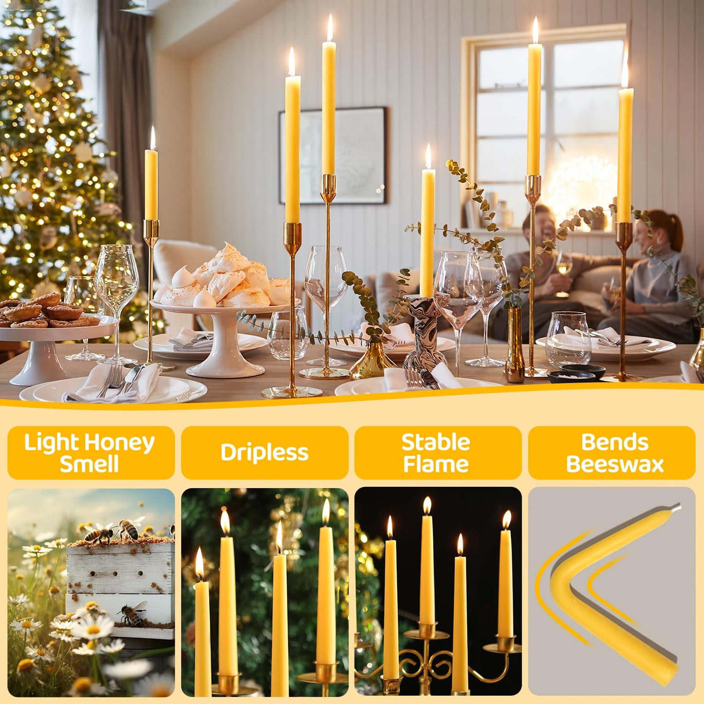 18 Pack Beeswax Taper Candles, 8 Inch Handcrafted Pure Natural Bees Wax Candle Sticks, 8H Long Burning Dripless & Smokeless Unscented Tapered Candlesticks for Home Decor, Wedding, Dinner, Vigil