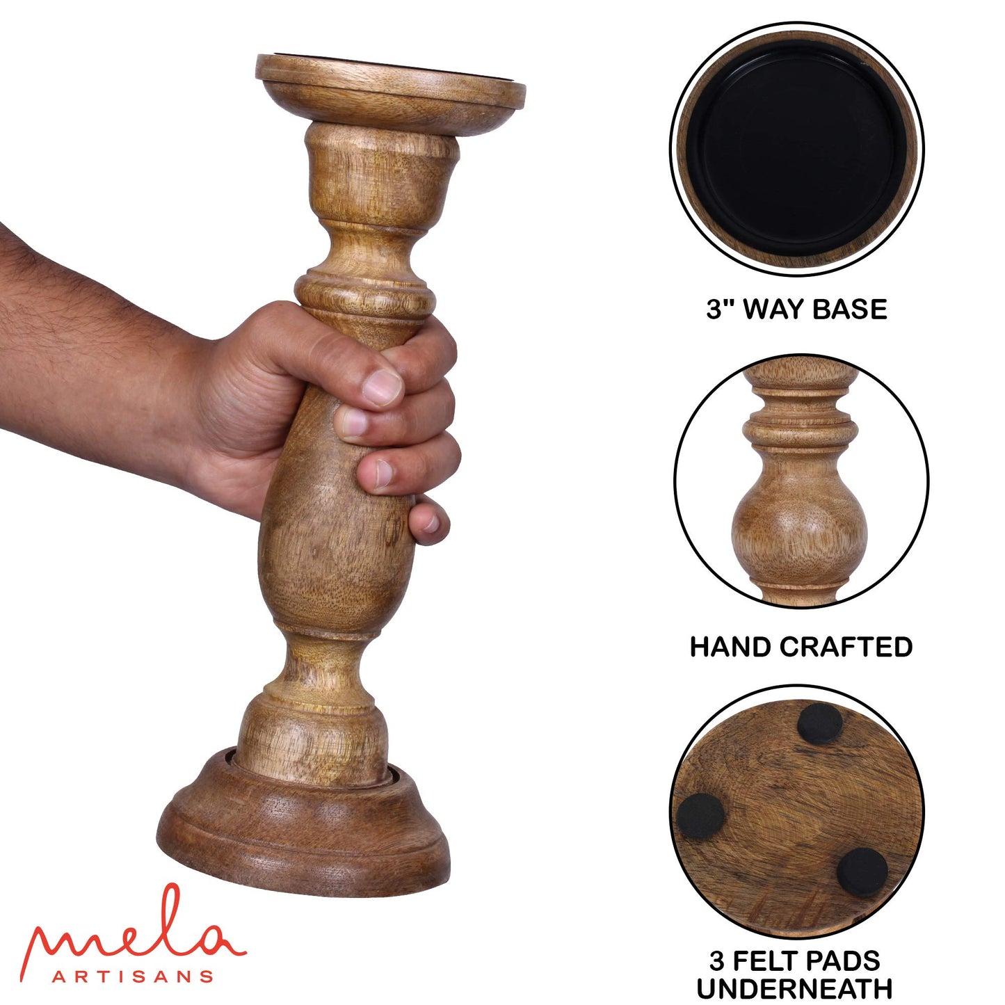 Mela Artisans 6”, 9” & 12” Mango Wood Pillar Candle Holder Set of 3 – Tuli Design Medium Polish – Wooden Candle Holders for Table, Mantel & Living Room Décor