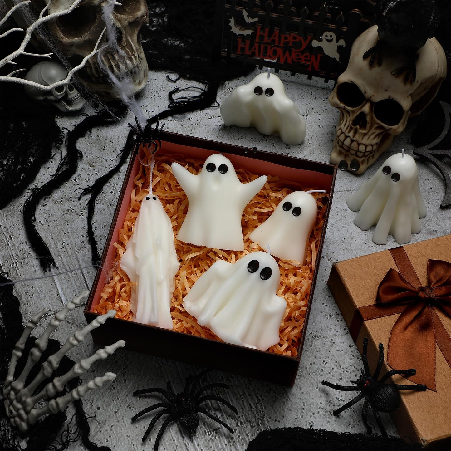 Conelist 6 Pieces Halloween Large Ghost Candles White Spooky Scented Halloween Candles Horror Gifts Candle Tea Lights Goth Room Decor for Summer Dining Table Party Bedroom(Spirit Style,White)
