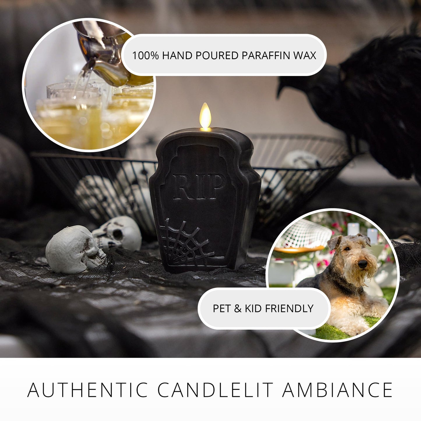 Luminara Black Flameless Candle RIP Tombstone Figural (2" x 5.5") Moving Flame Battery Operated LED Candle Lights Halloween Decoration