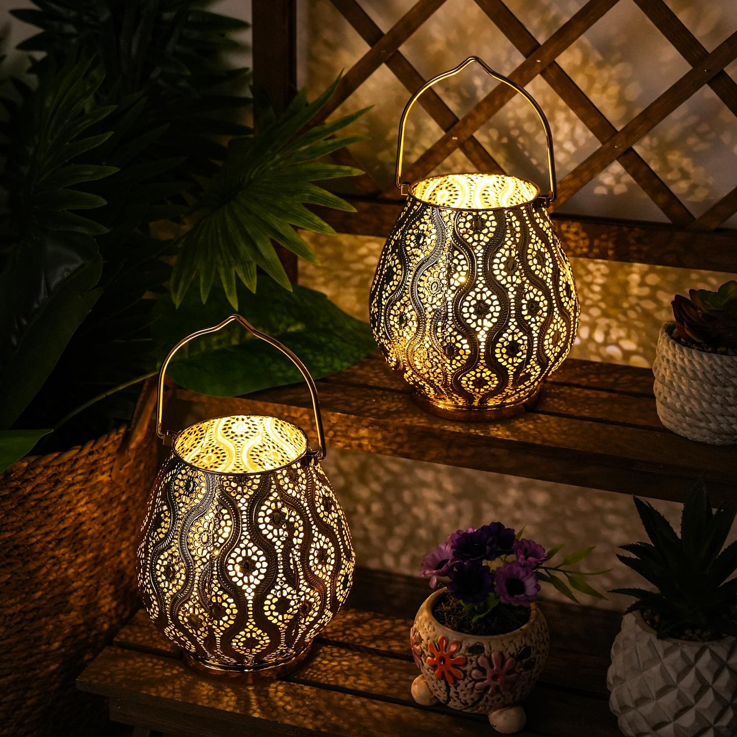 TRIROCKS Set of 2 Moroccan Decorative Lamps 8'' High Cordless Lamp Metal Table Lamps with Fairy Lights Bulb for Home Living Room Garden Yard Party Events Tabletop Indoor Outdoor(Gold)