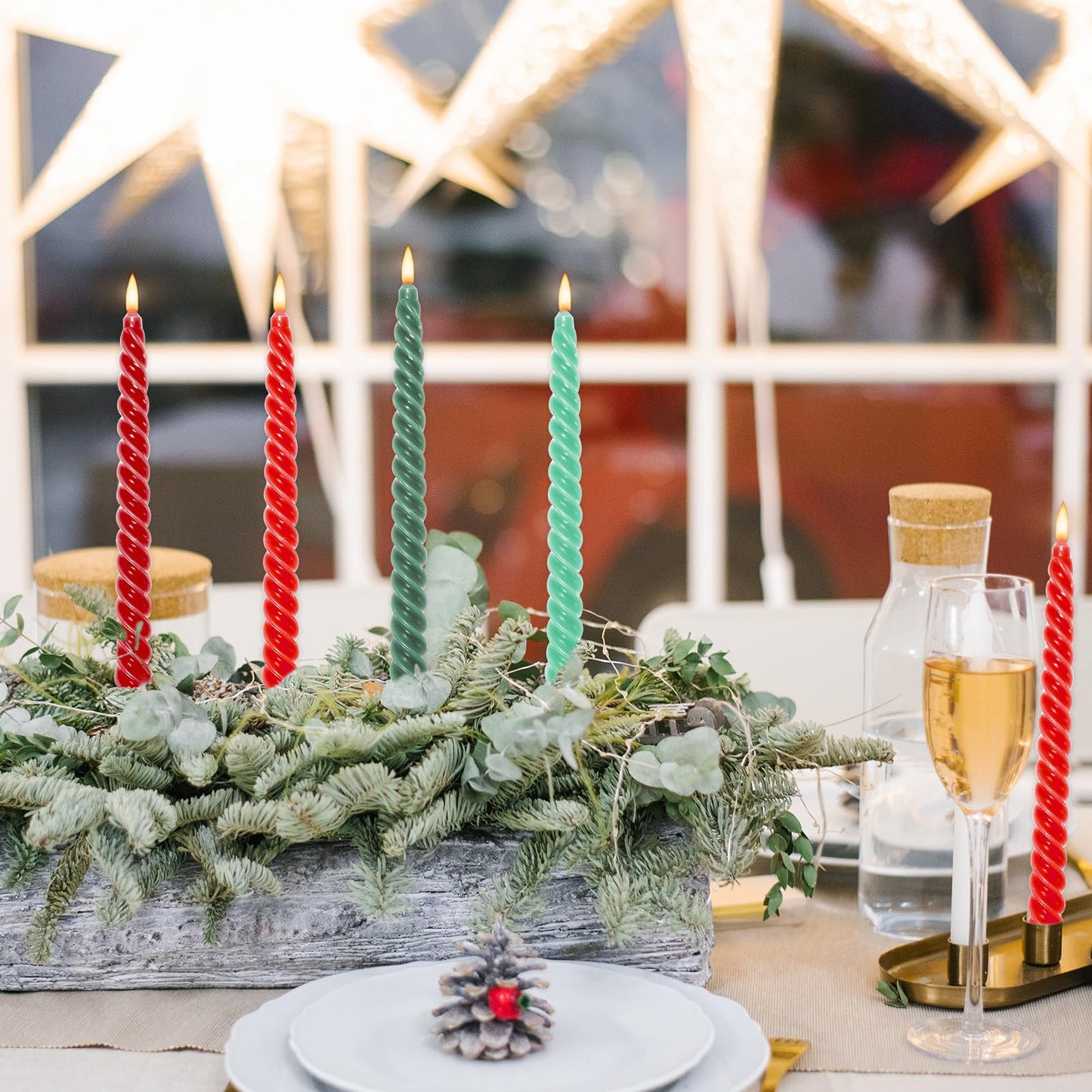 Whaline 8Pcs 10 Inch Christmas Spiral Taper Candles Red Green Dripless Twisted Wax Candles Long Unscented Candle Sticks for Xmas Home Party Supplies
