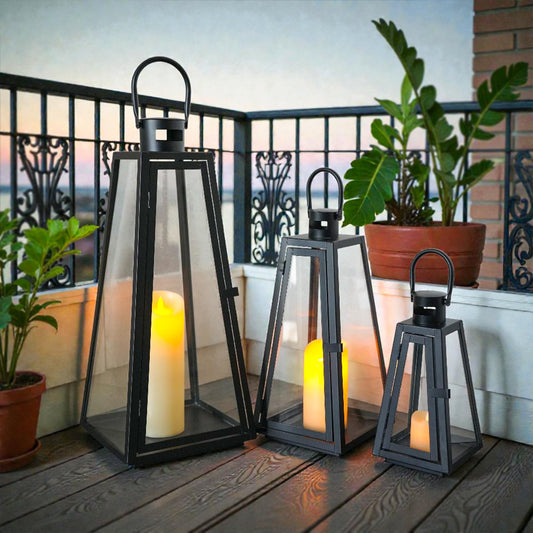 TRIROCKS Set of 3 Decorative Candle Lantern 11/16/21''H Metal Outdoor Candle Holder Hanging Lantern with Tempered Glass for Christmas Home Living Room Parties Event Indoors Outdoors (Black Triangle)