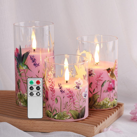 Eywamage Pink Hummingbird Floral Glass Flameless Candles with Remote, Flickering Battery LED Pillar Candles Set of 3, Spring Home Decor
