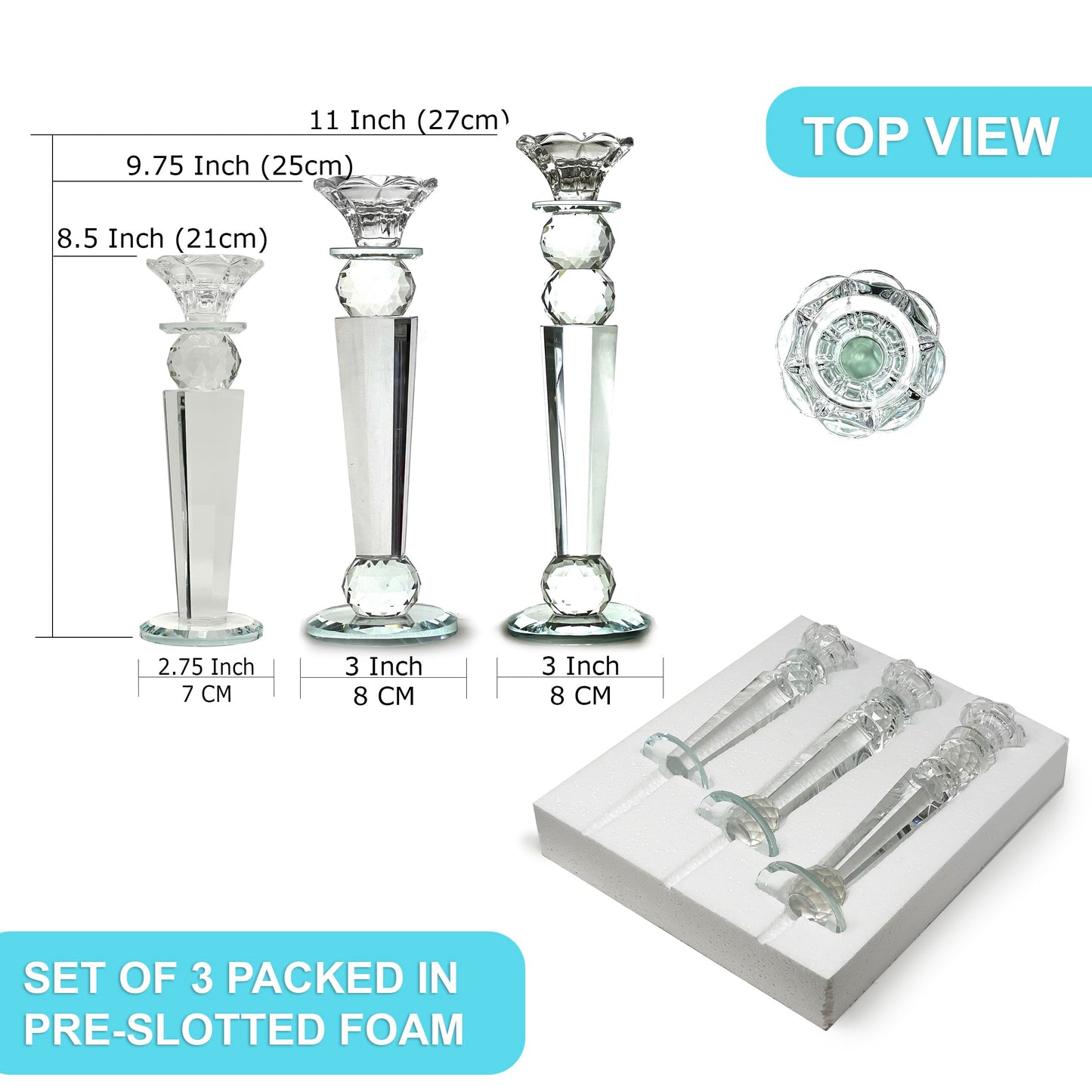 Allgala Set of 3 Crystal Glass Made Reverse Tapered Pillar and Hand Crafted Ball Candlesticks - 8.5,10,11 Inches -HD89154