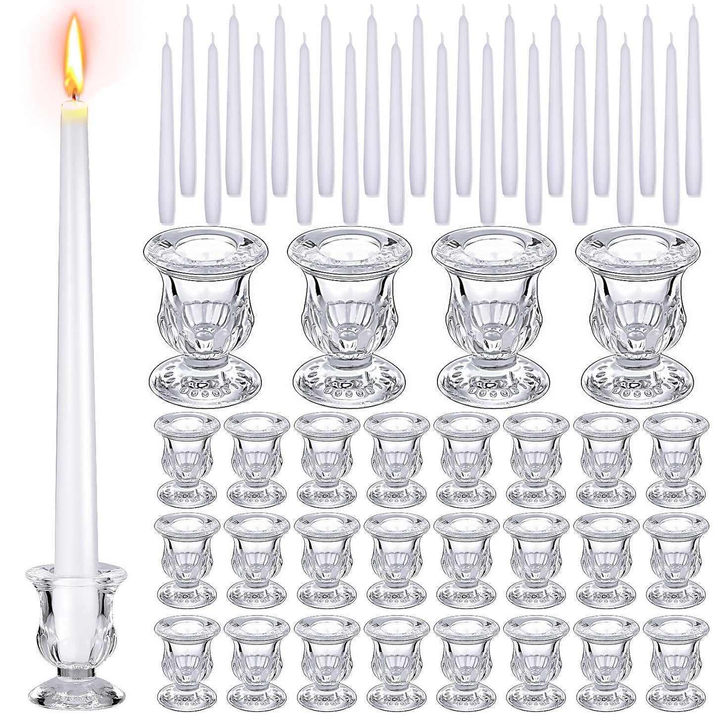 48 Pcs Taper Candlestick Holder Clear Glass Candle Holder with 10 Inch White Candles 8 Hours Burn Time Smokeless Candles for Wedding Table Centerpiece Party Decorations