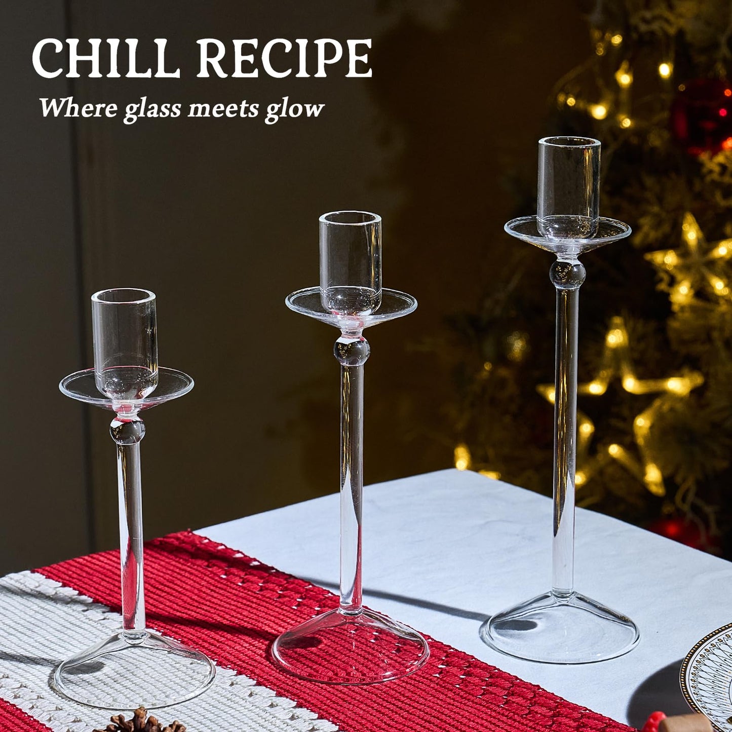 CHILL RECIPE Candle Holder Glass Taper Candlestick Holders with Built-in Candle Drip Protectors for Table Centerpiece Wedding Party (Clear 3Pcs)